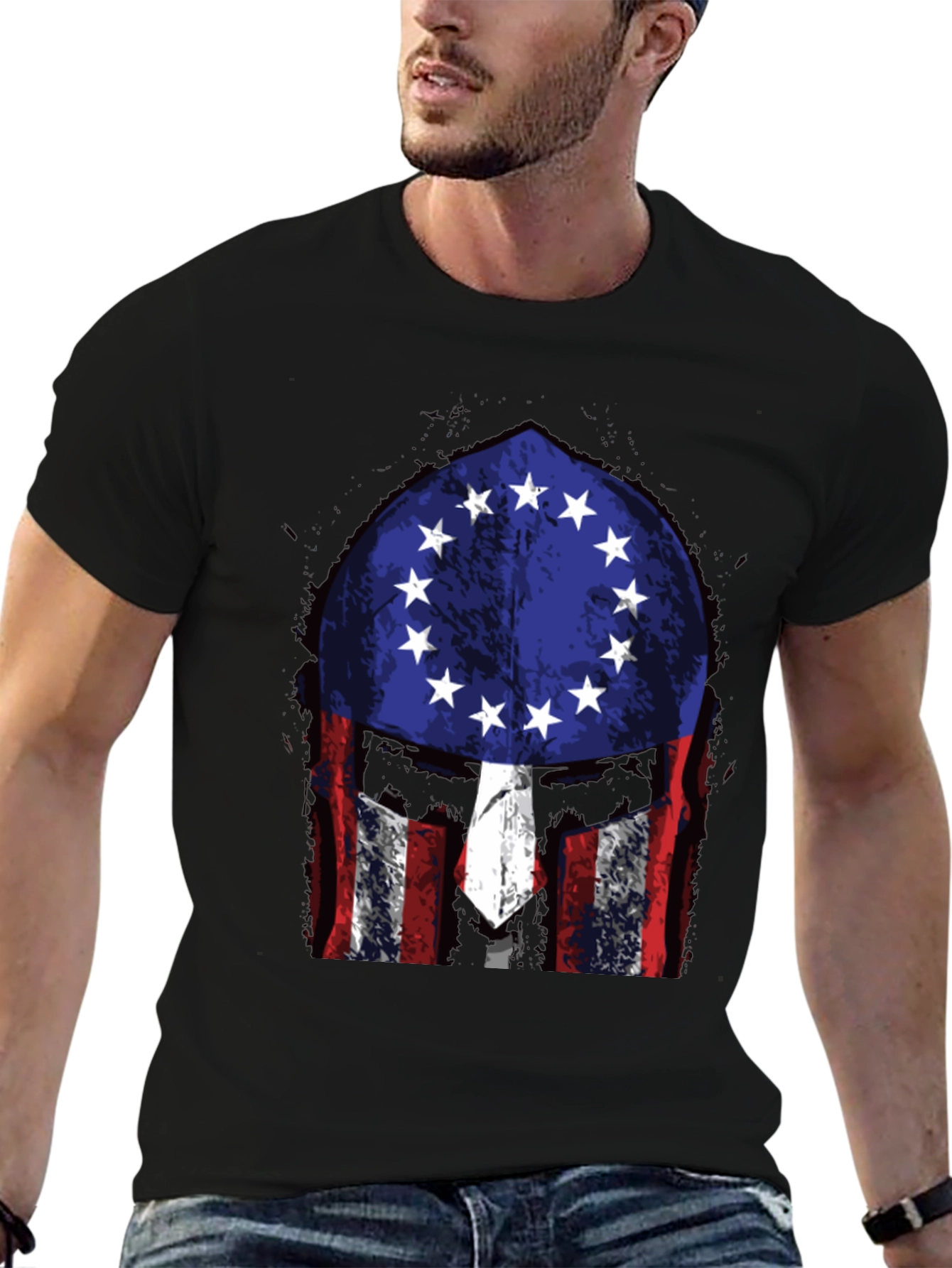 Patriotic Spartan Helmet Graphic T-Shirt