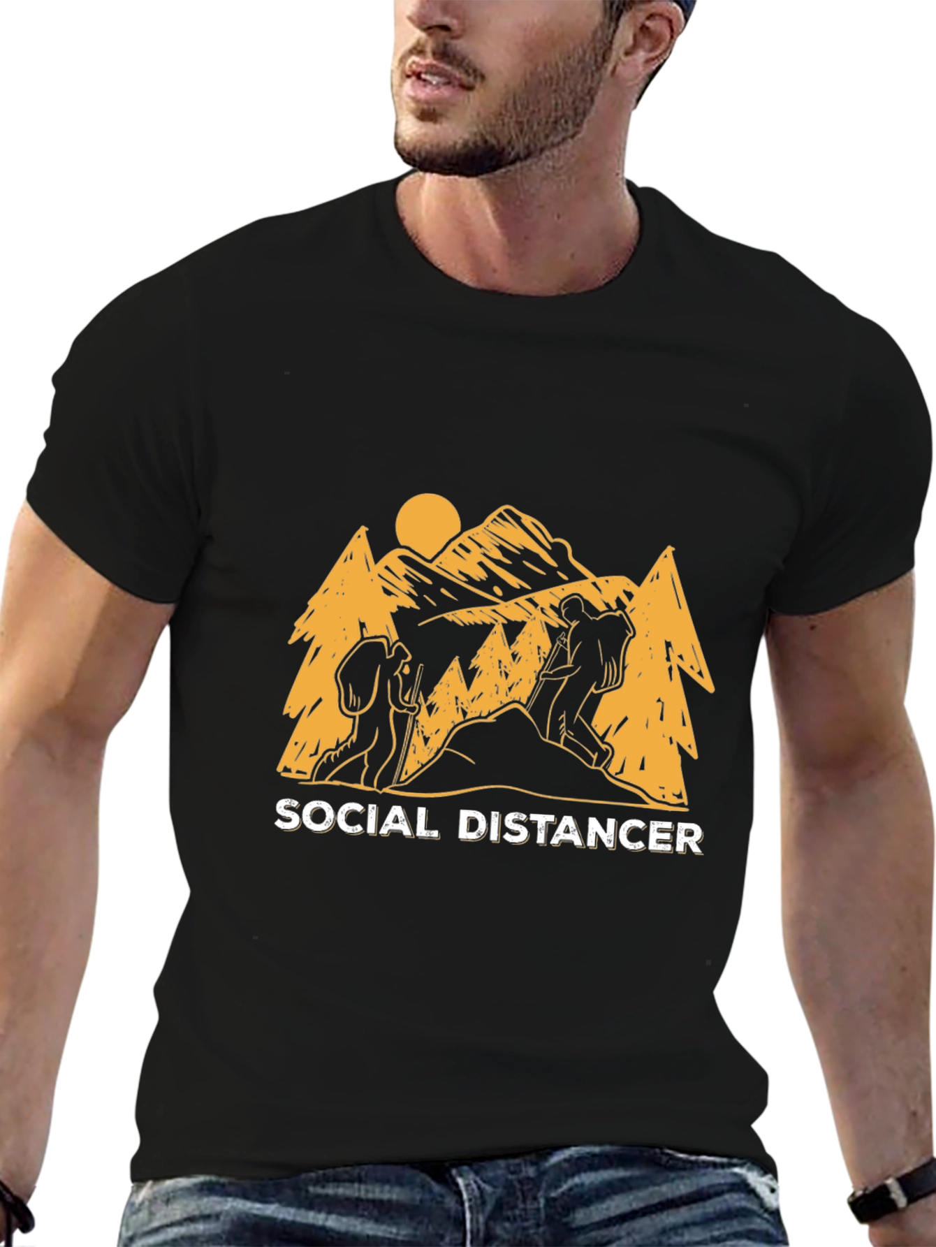 Social Distancer Hiking Graphic Tee - Black Cotton Blend