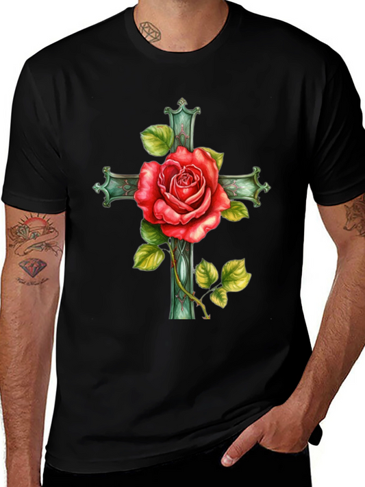 Rose Cross Graphic Tee - Stylish Black T-Shirt