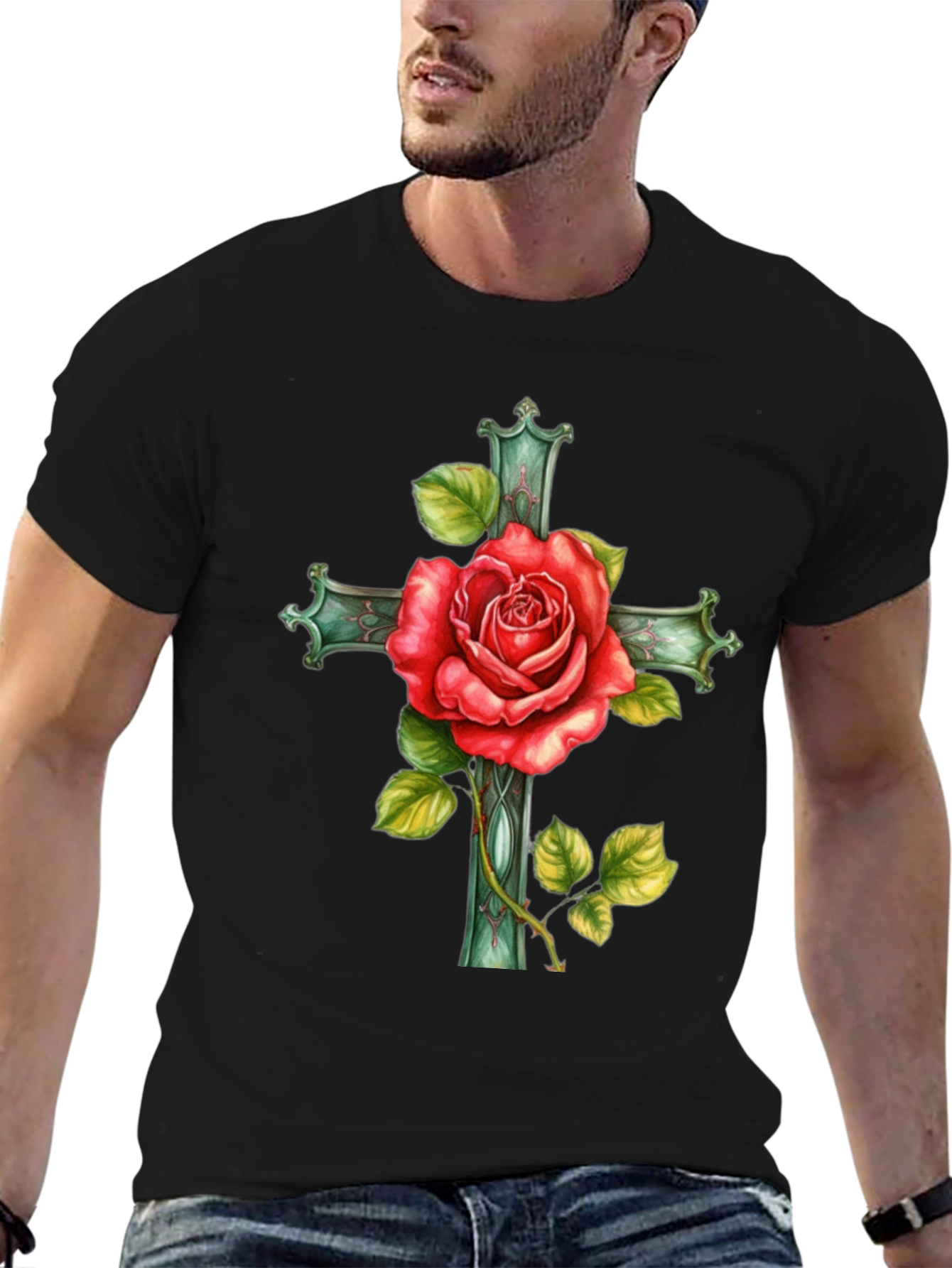 Rose Cross Graphic Tee - Stylish Black T-Shirt