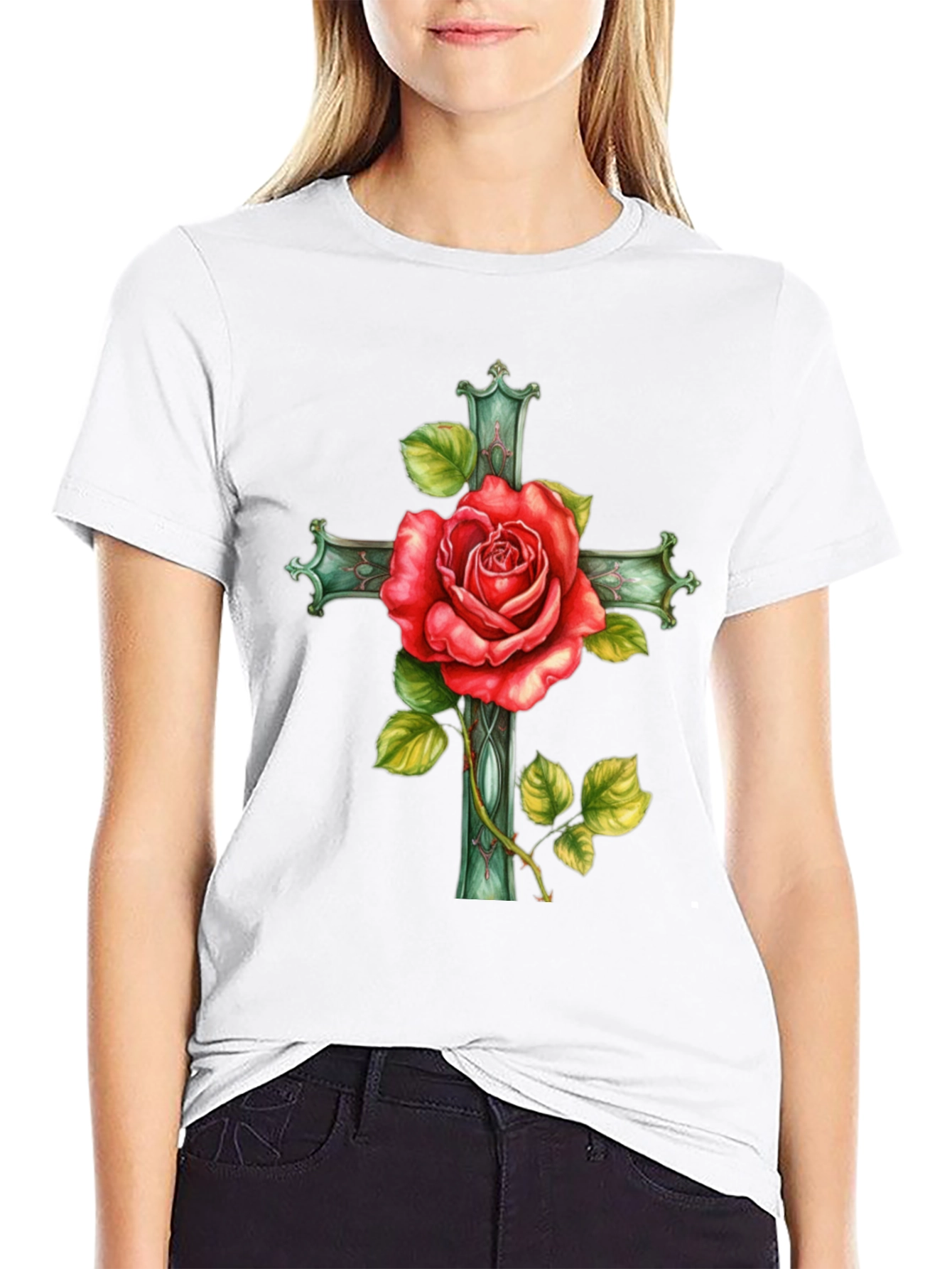Rose Cross Graphic Tee - Stylish Black T-Shirt