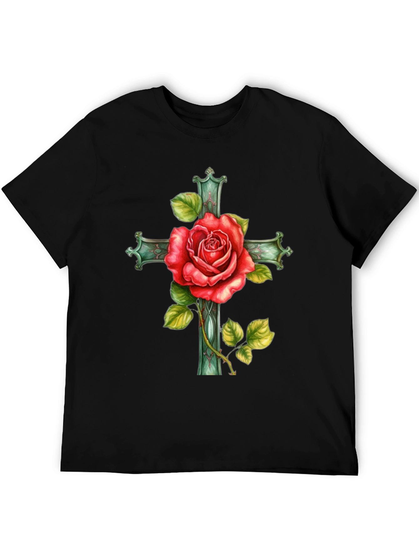 Rose Cross Graphic Tee - Stylish Black T-Shirt
