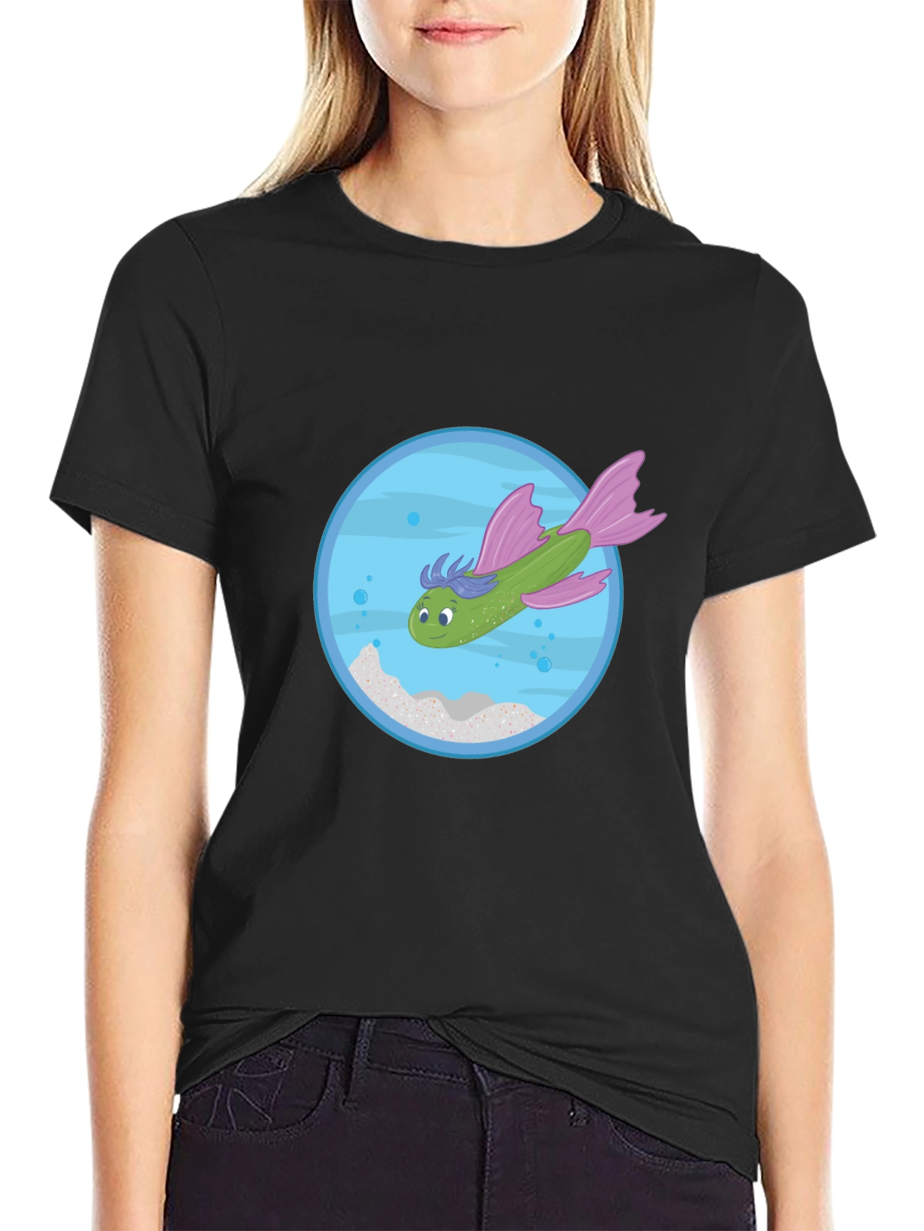 Whimsical Fish Graphic Tee - Black Cotton
