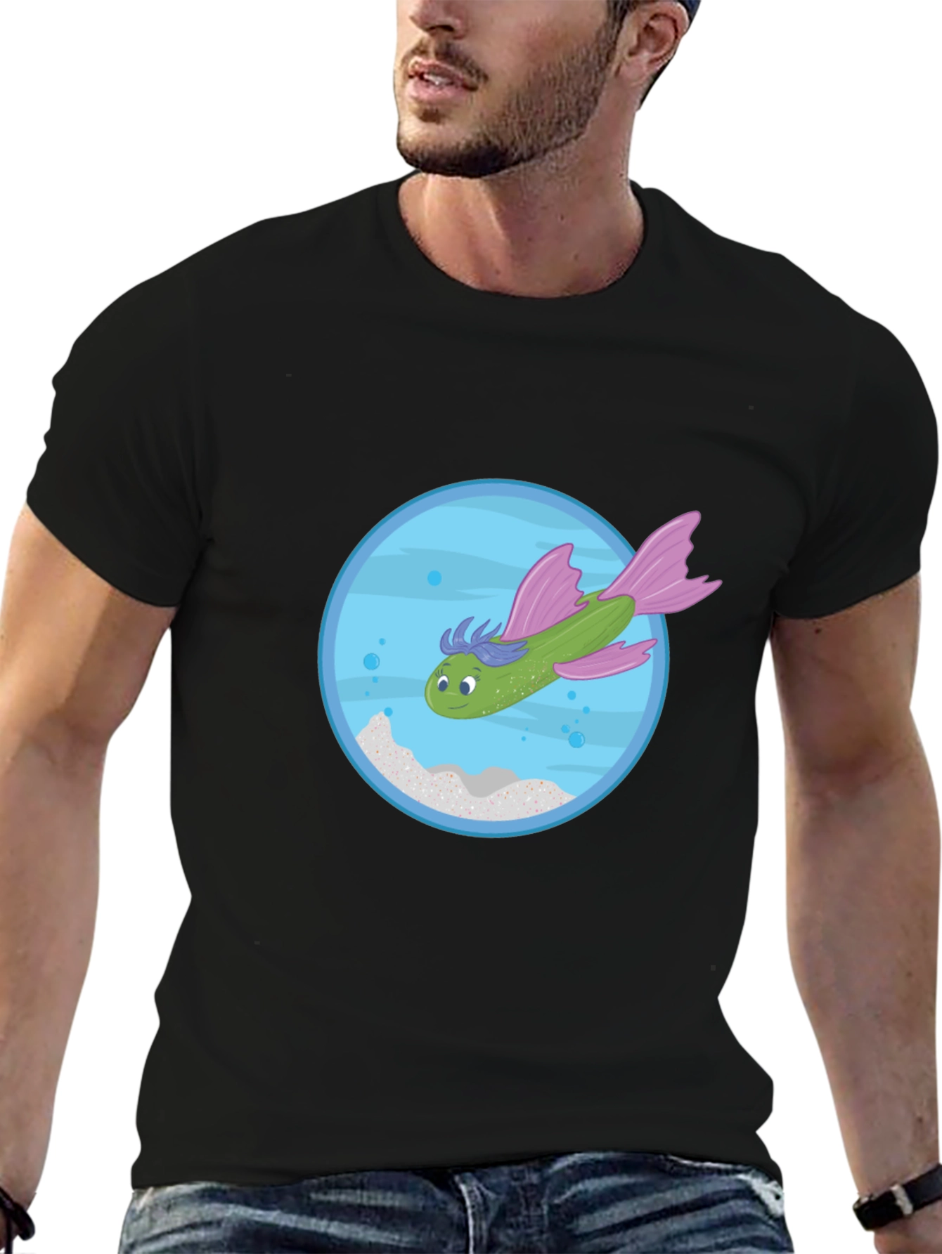 Whimsical Fish Graphic Tee - Black Cotton