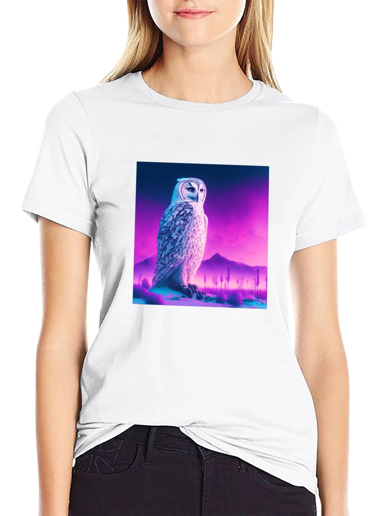 Owl Graphic Print Crew Neck Black T-Shirt