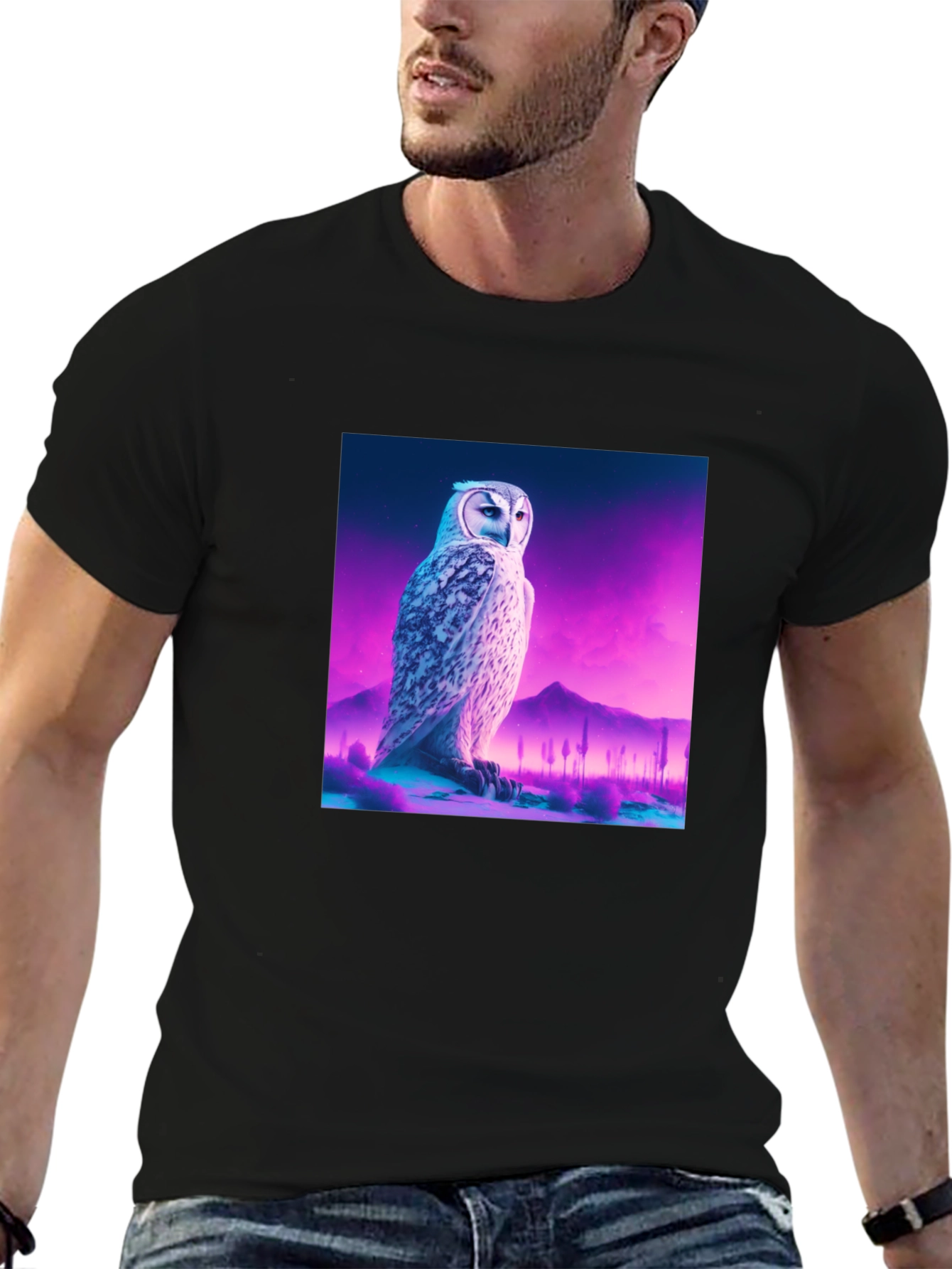 Owl Graphic Print Crew Neck Black T-Shirt