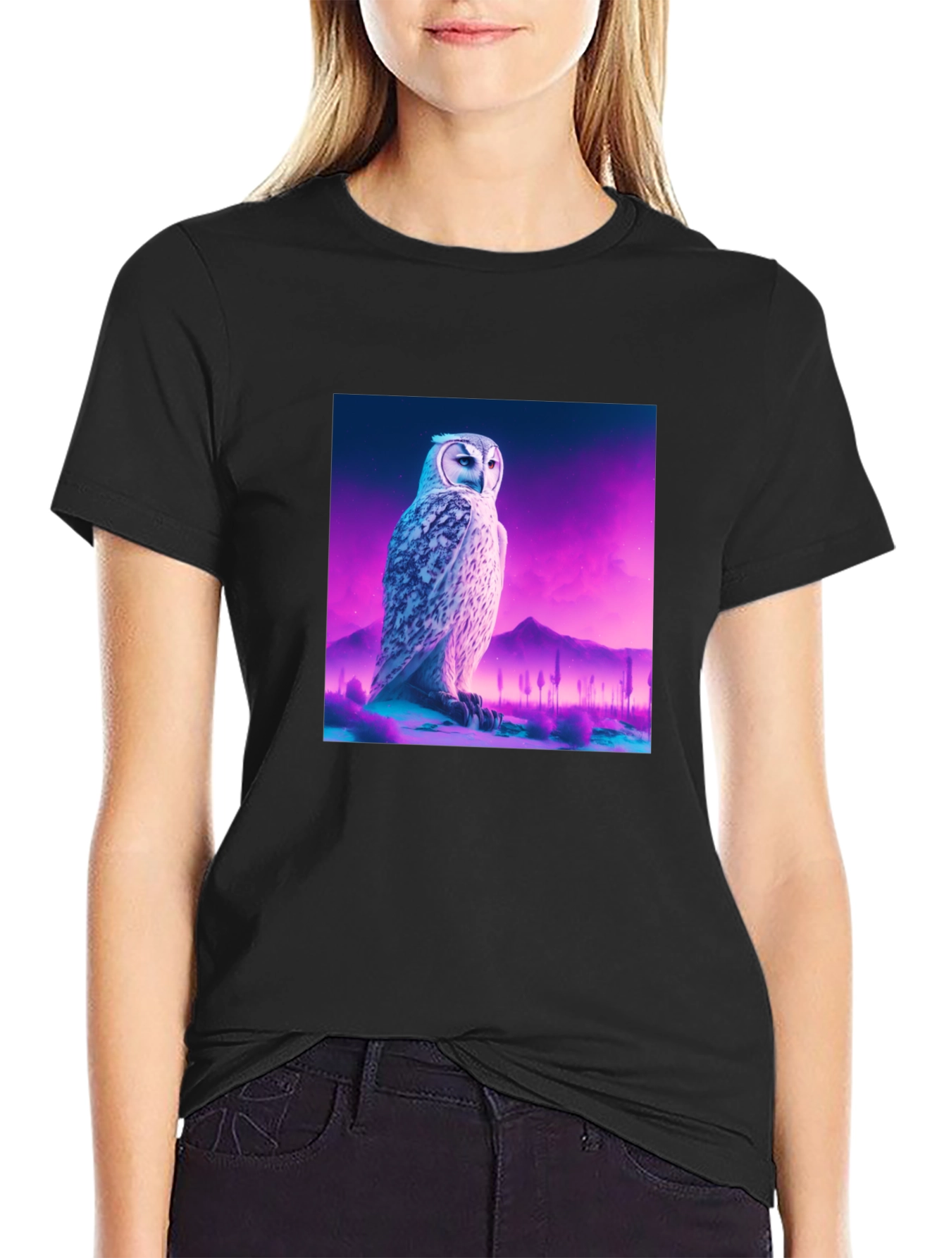 Owl Graphic Print Crew Neck Black T-Shirt