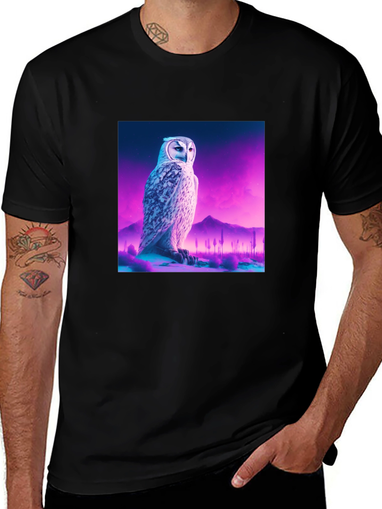 Owl Graphic Print Crew Neck Black T-Shirt