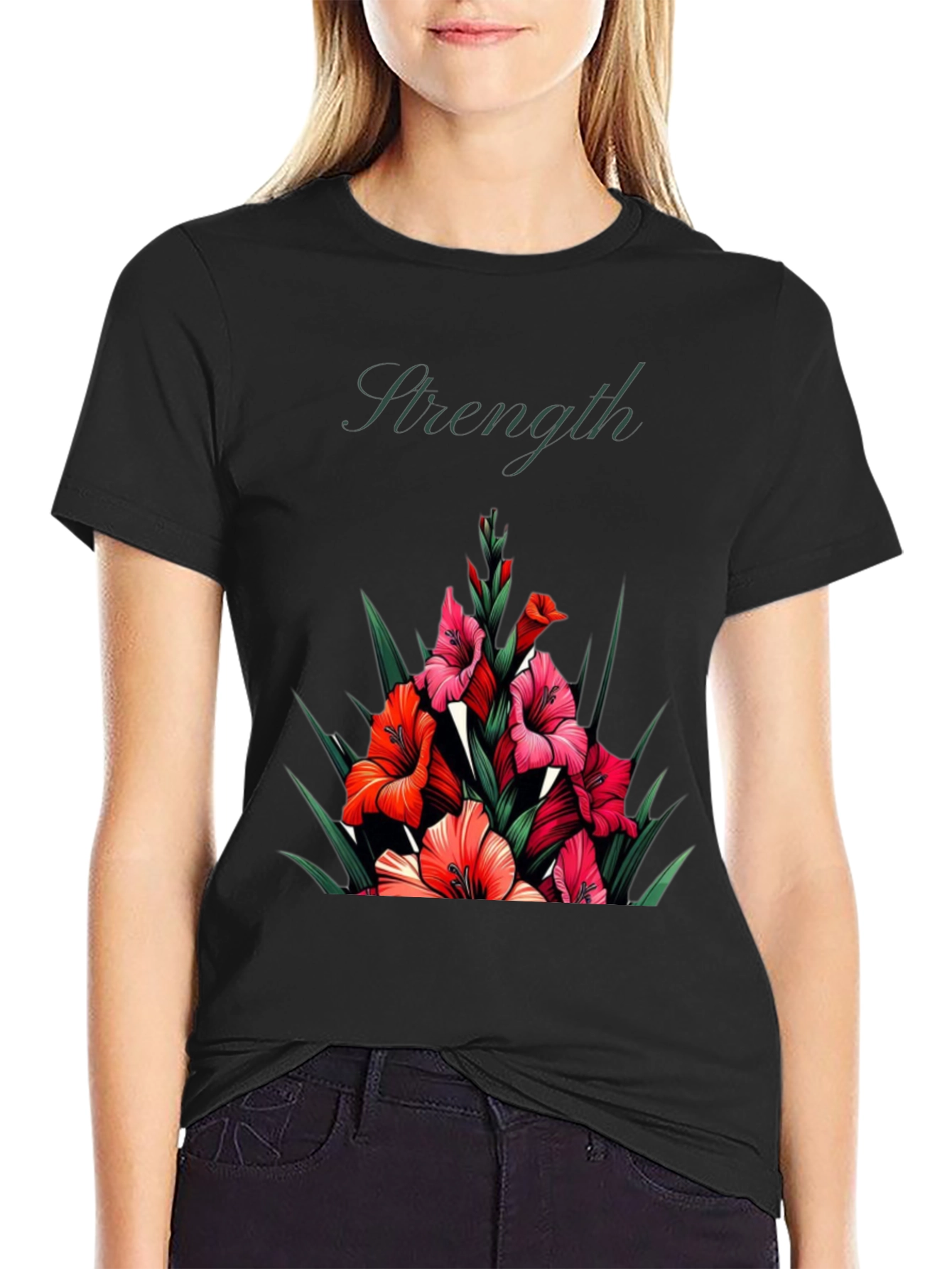 Floral Strength Black T-Shirt