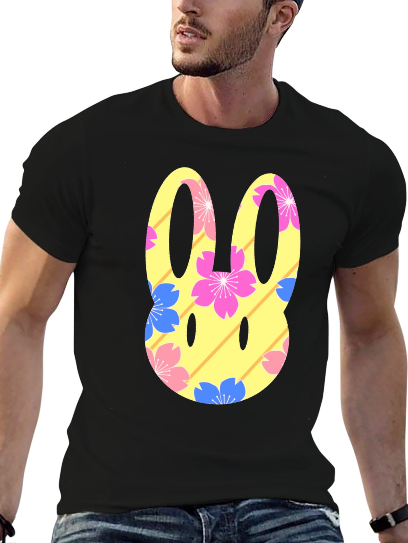 Floral Bunny Graphic T-Shirt - Black