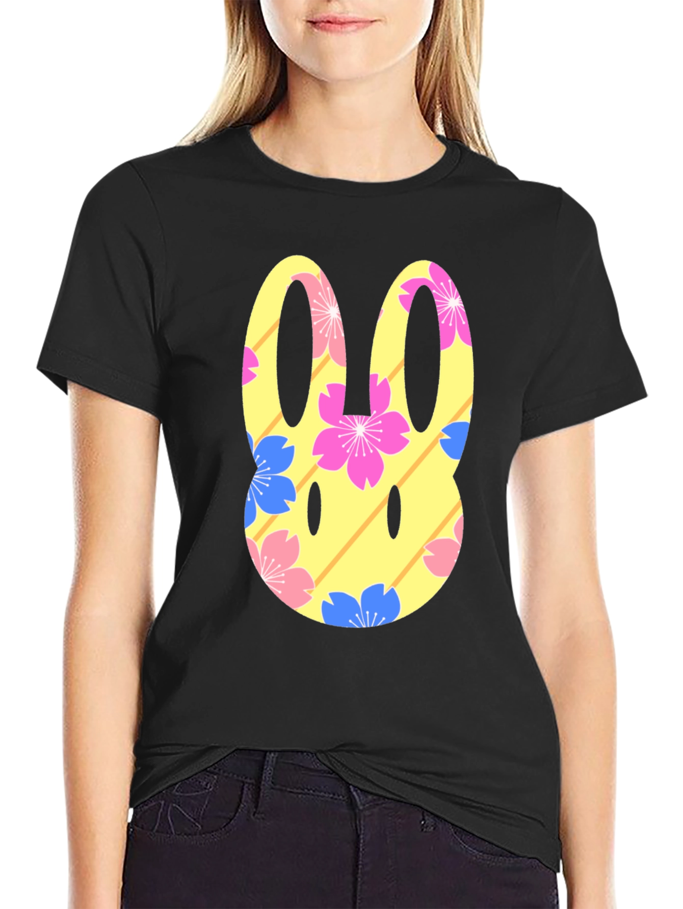 Floral Bunny Graphic T-Shirt - Black