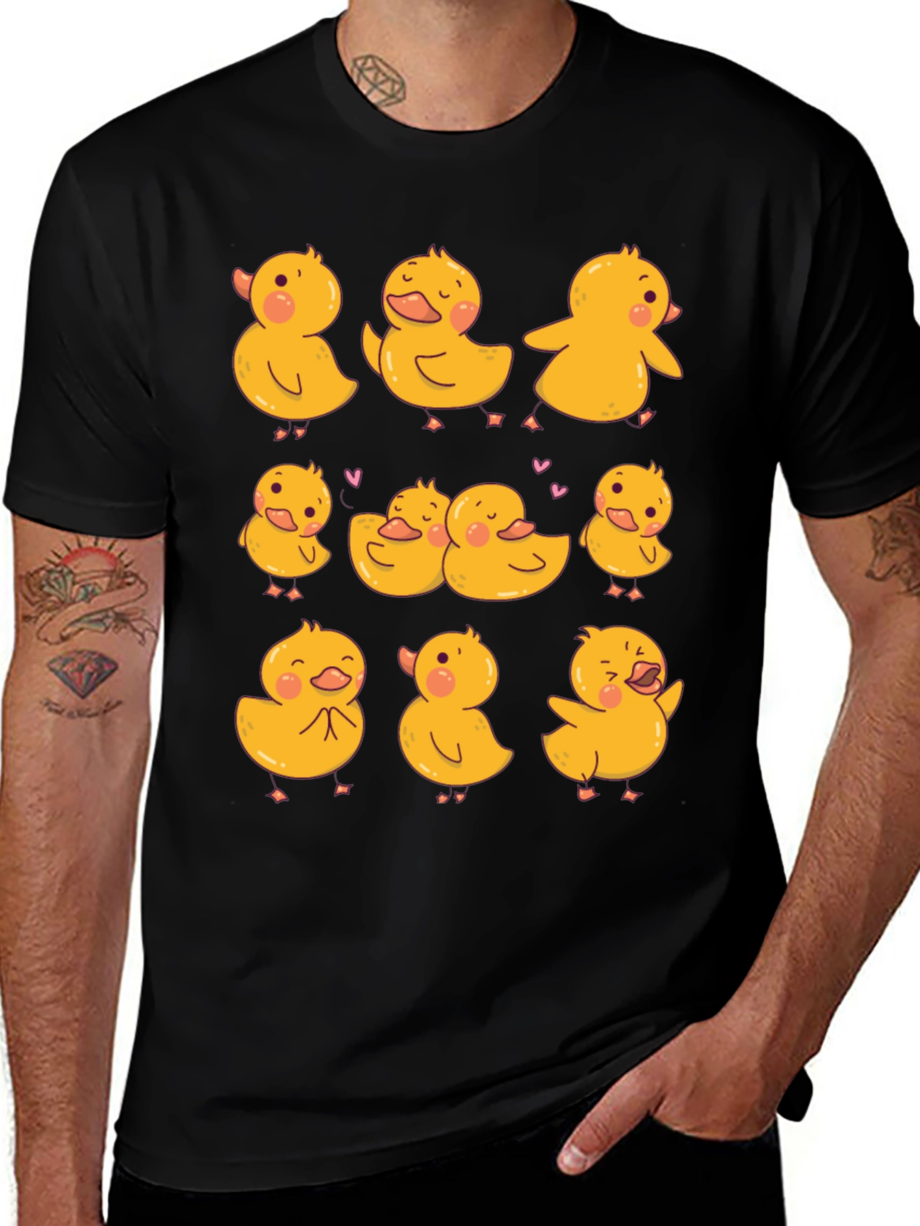 Cute Duckling Print Black T-Shirt