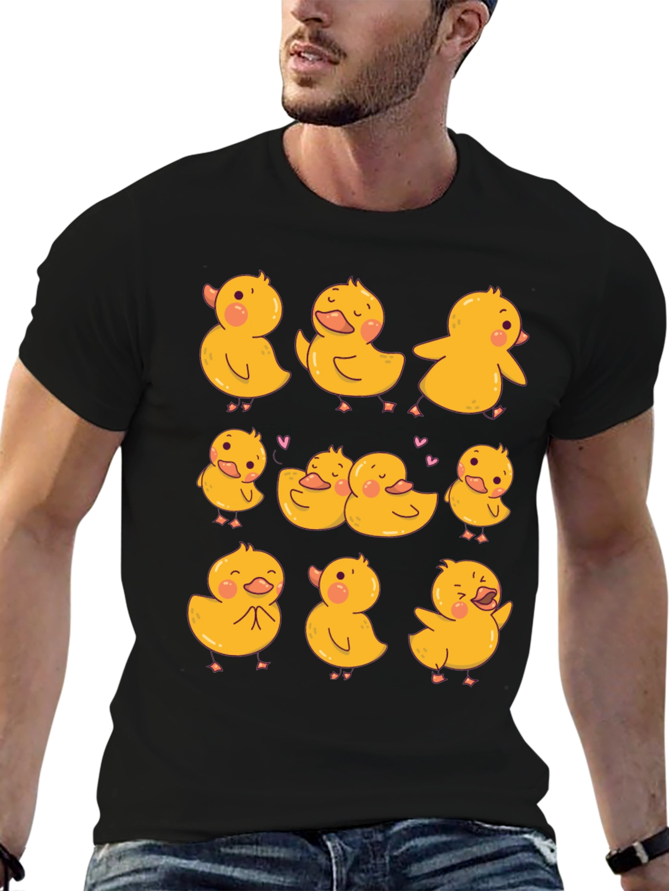 Cute Duckling Print Black T-Shirt