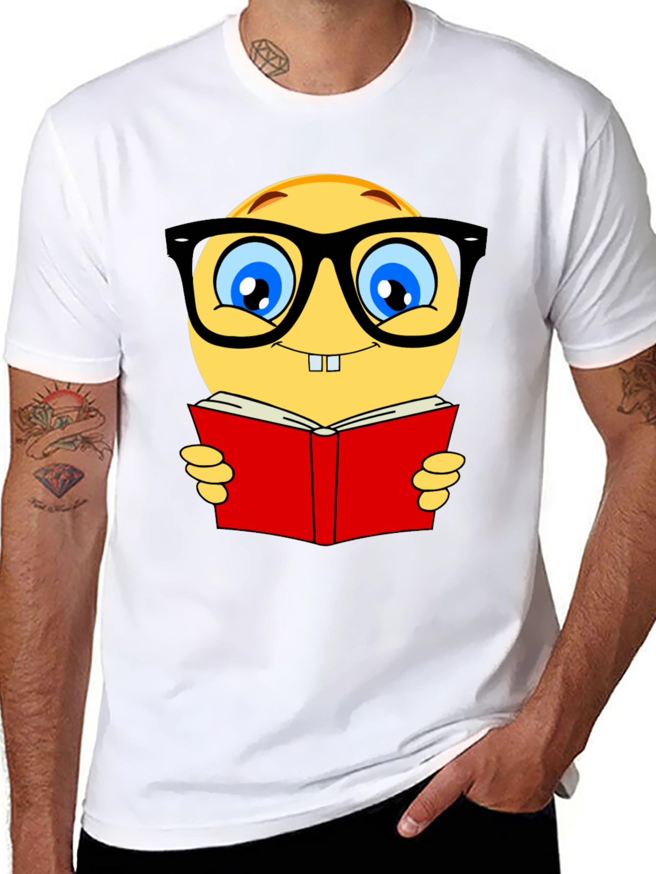 Nerdy Emoji Reading Book T-Shirt - Black Cotton Tee