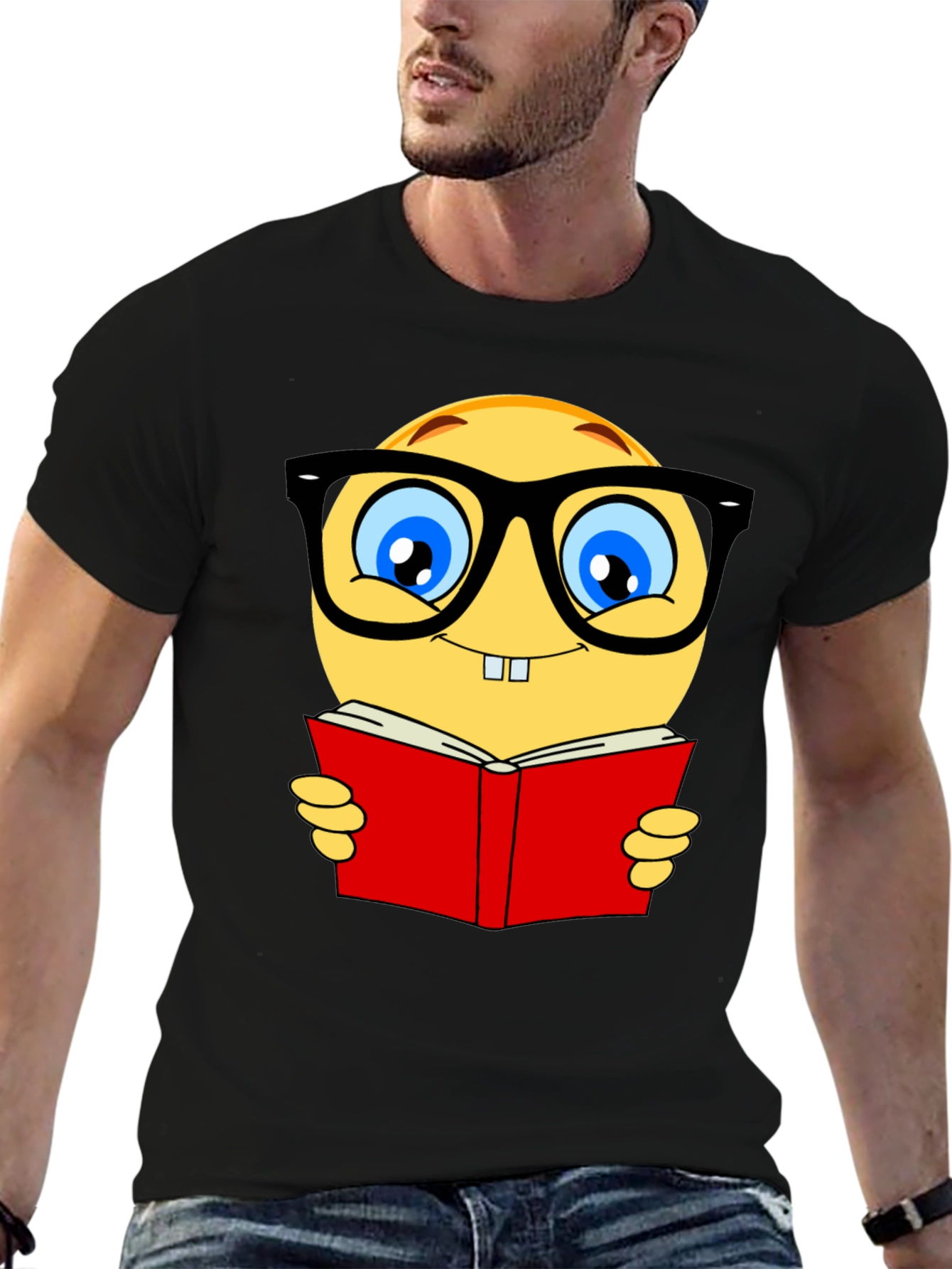 Nerdy Emoji Reading Book T-Shirt - Black Cotton Tee