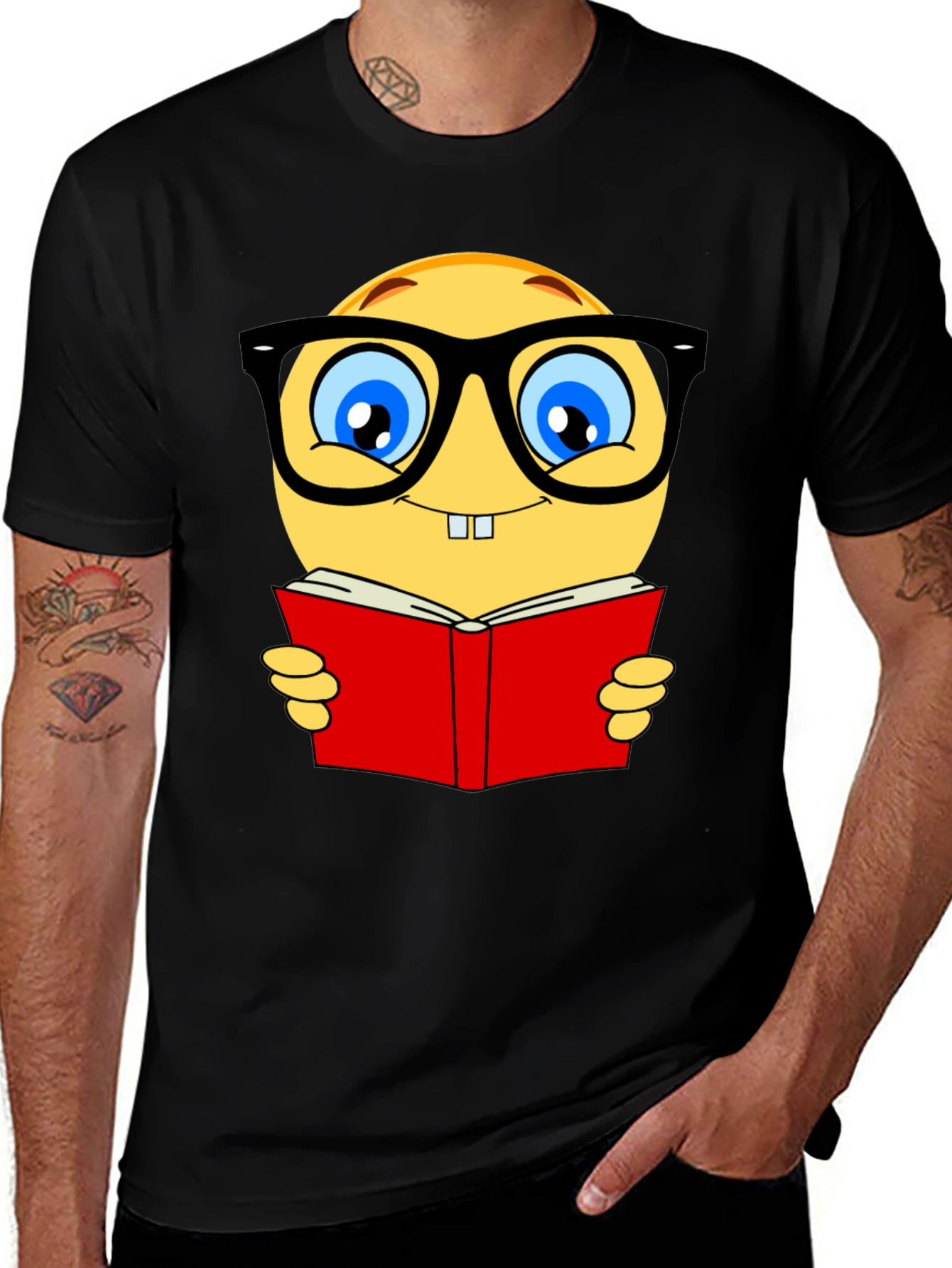 Nerdy Emoji Reading Book T-Shirt - Black Cotton Tee