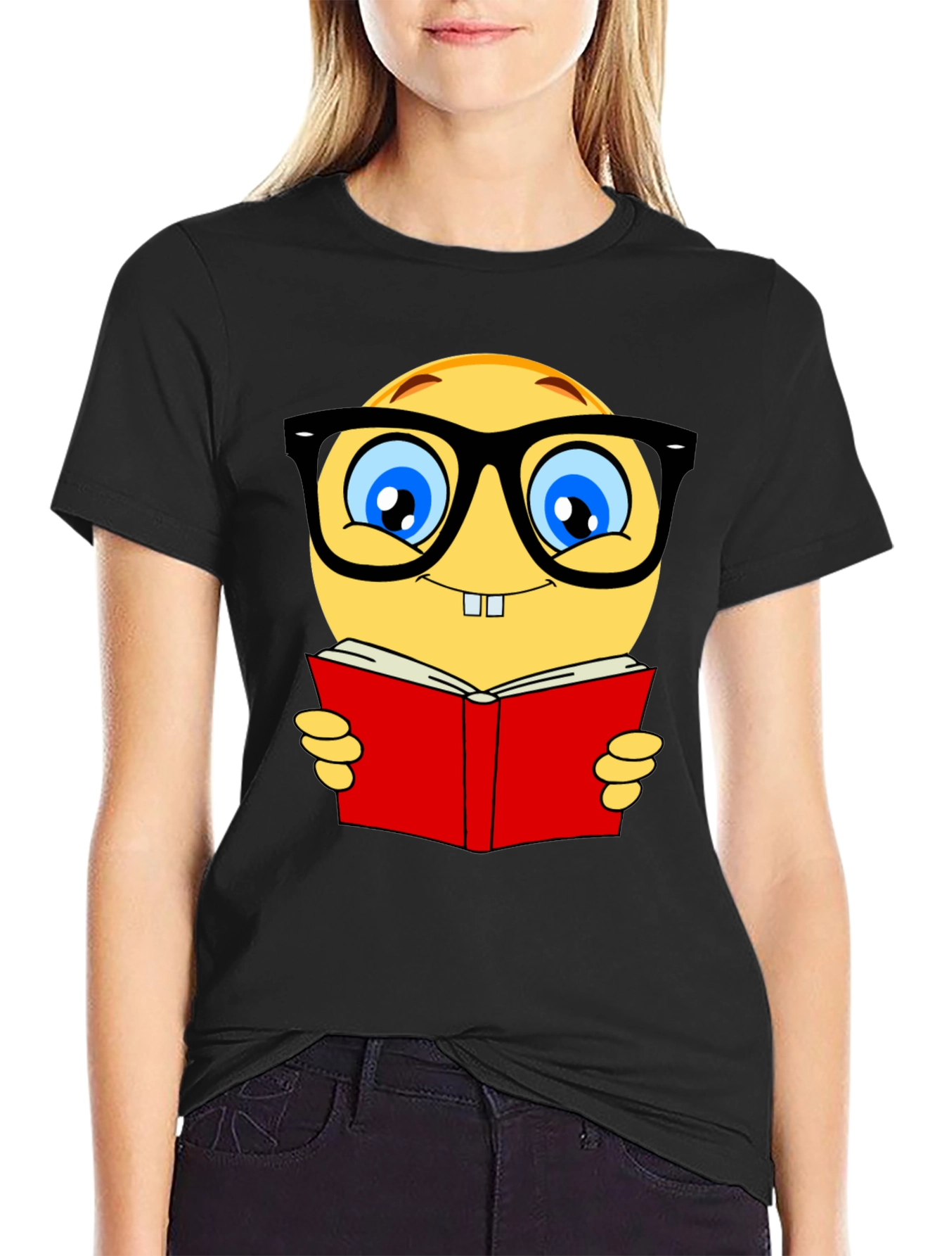 Nerdy Emoji Reading Book T-Shirt - Black Cotton Tee
