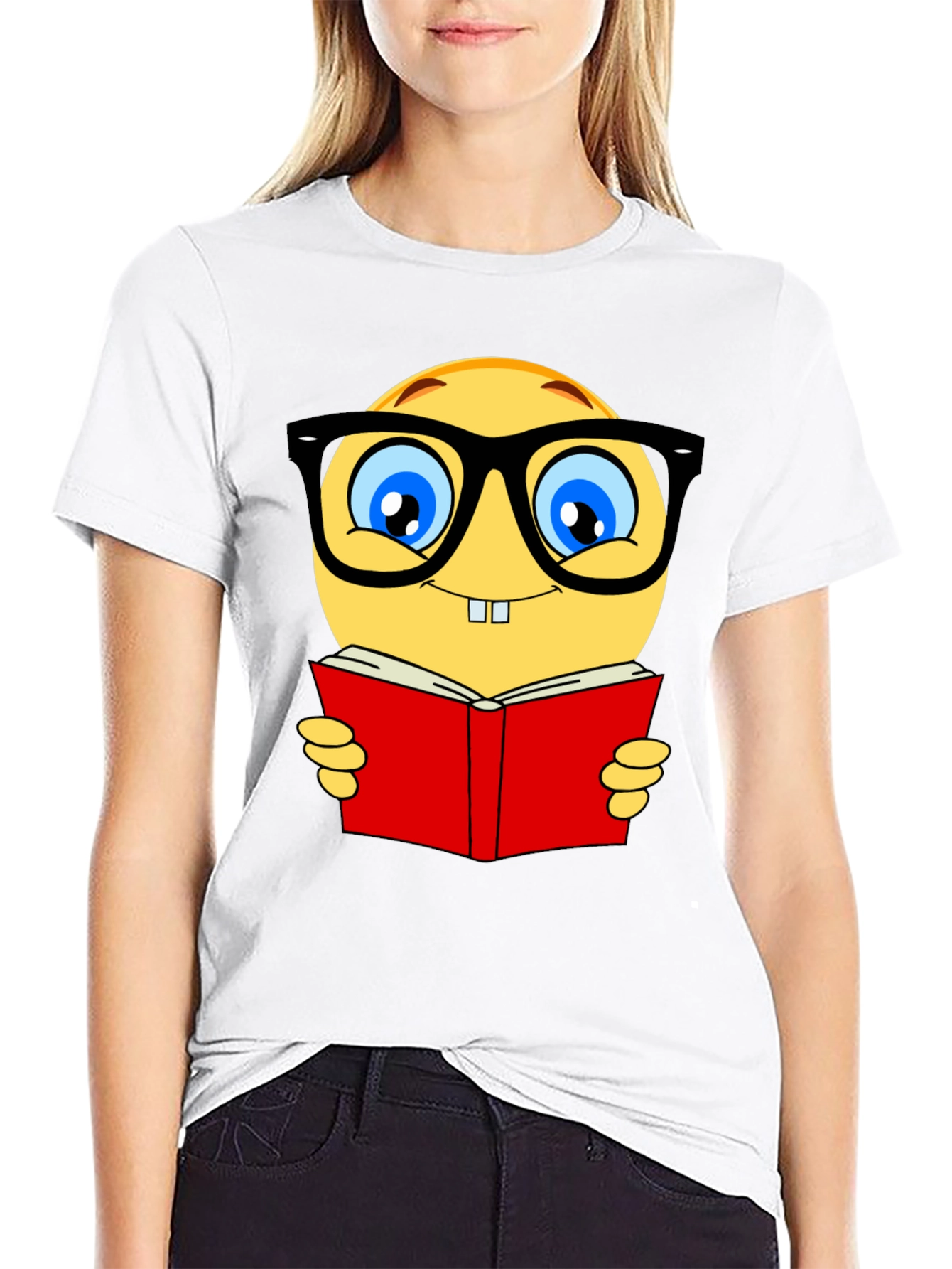 Nerdy Emoji Reading Book T-Shirt - Black Cotton Tee