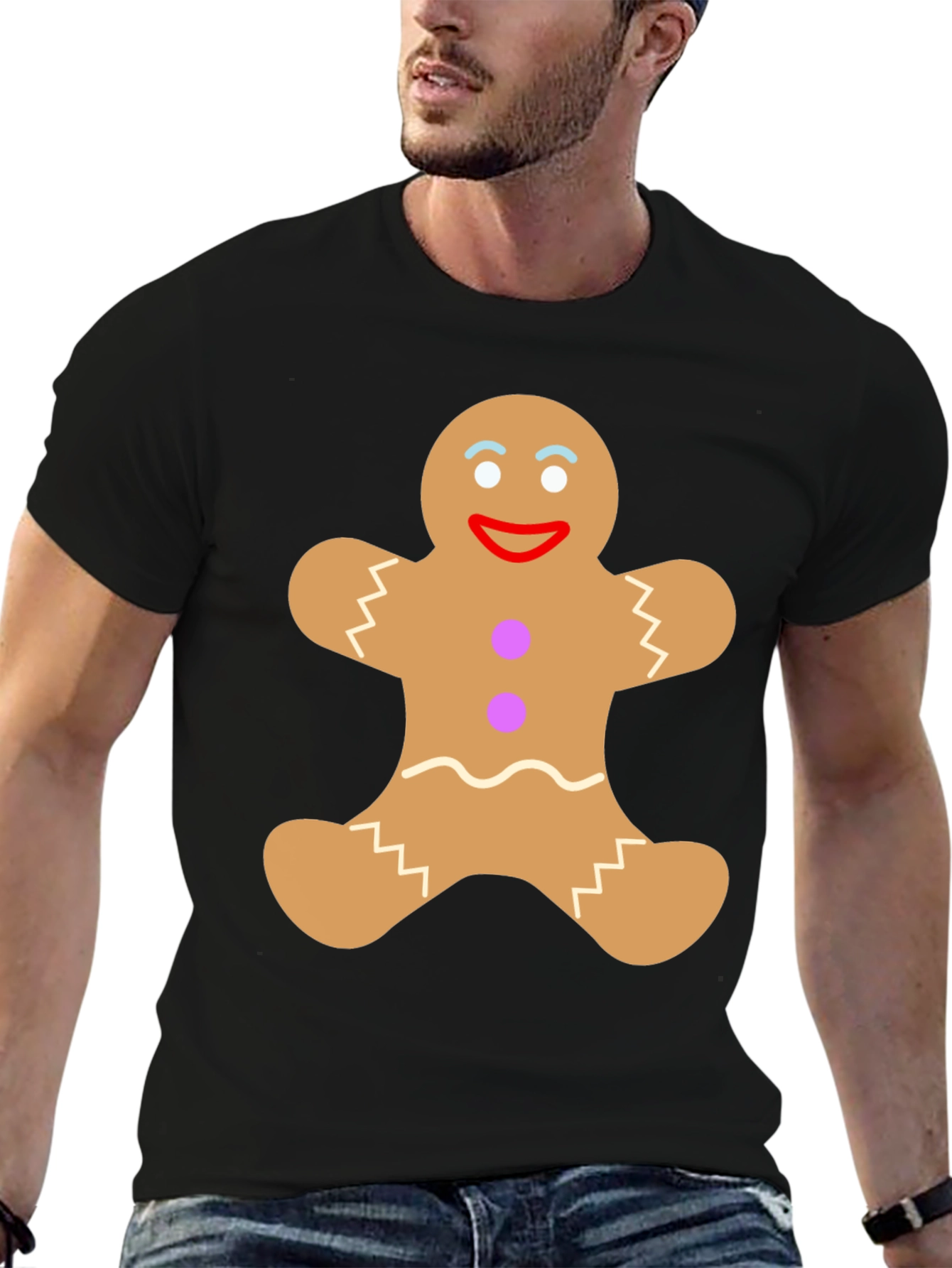 Gingerbread Man Graphic Tee - Festive Black T-Shirt