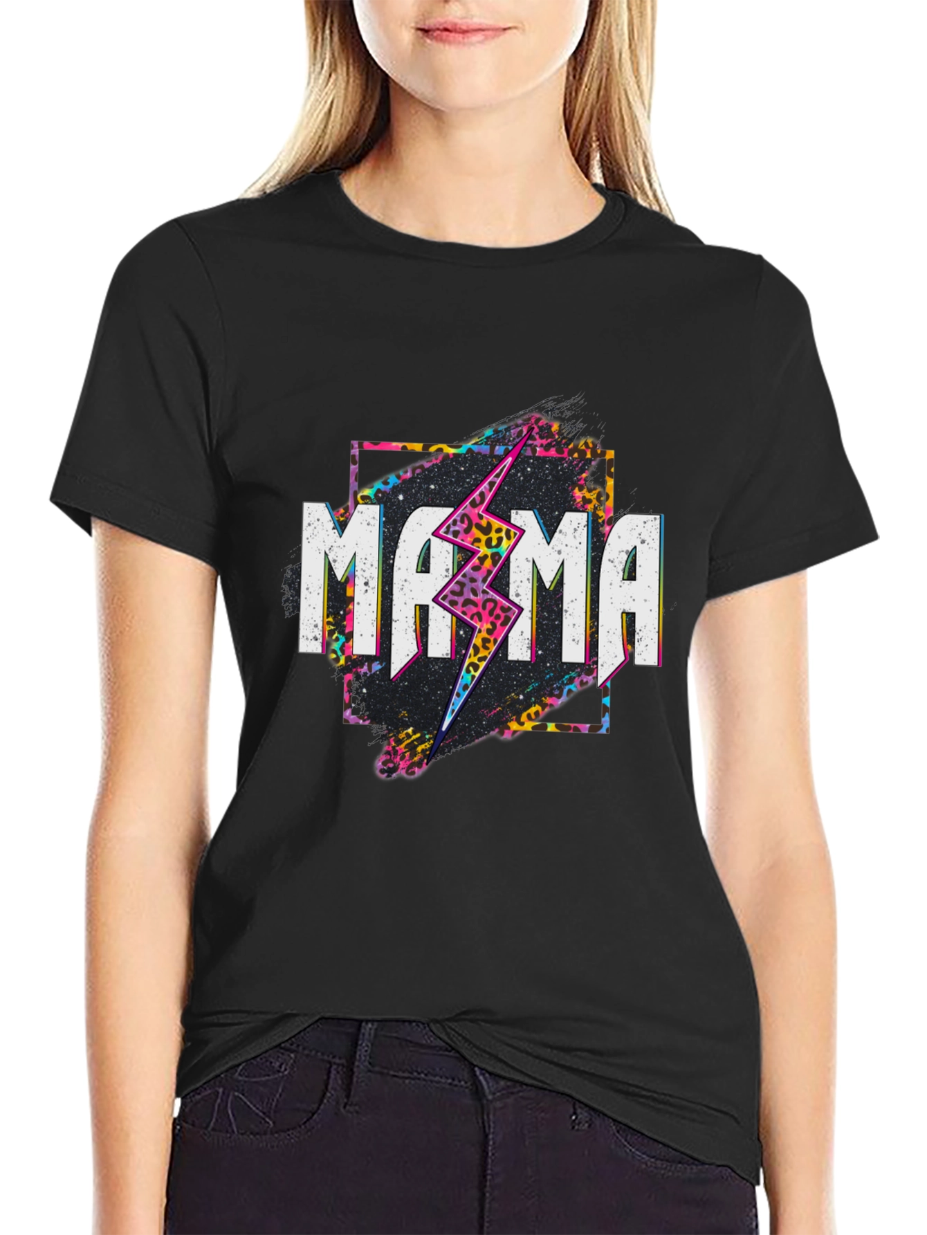 Mama Leopard Lightning Bolt Graphic Tee - Black