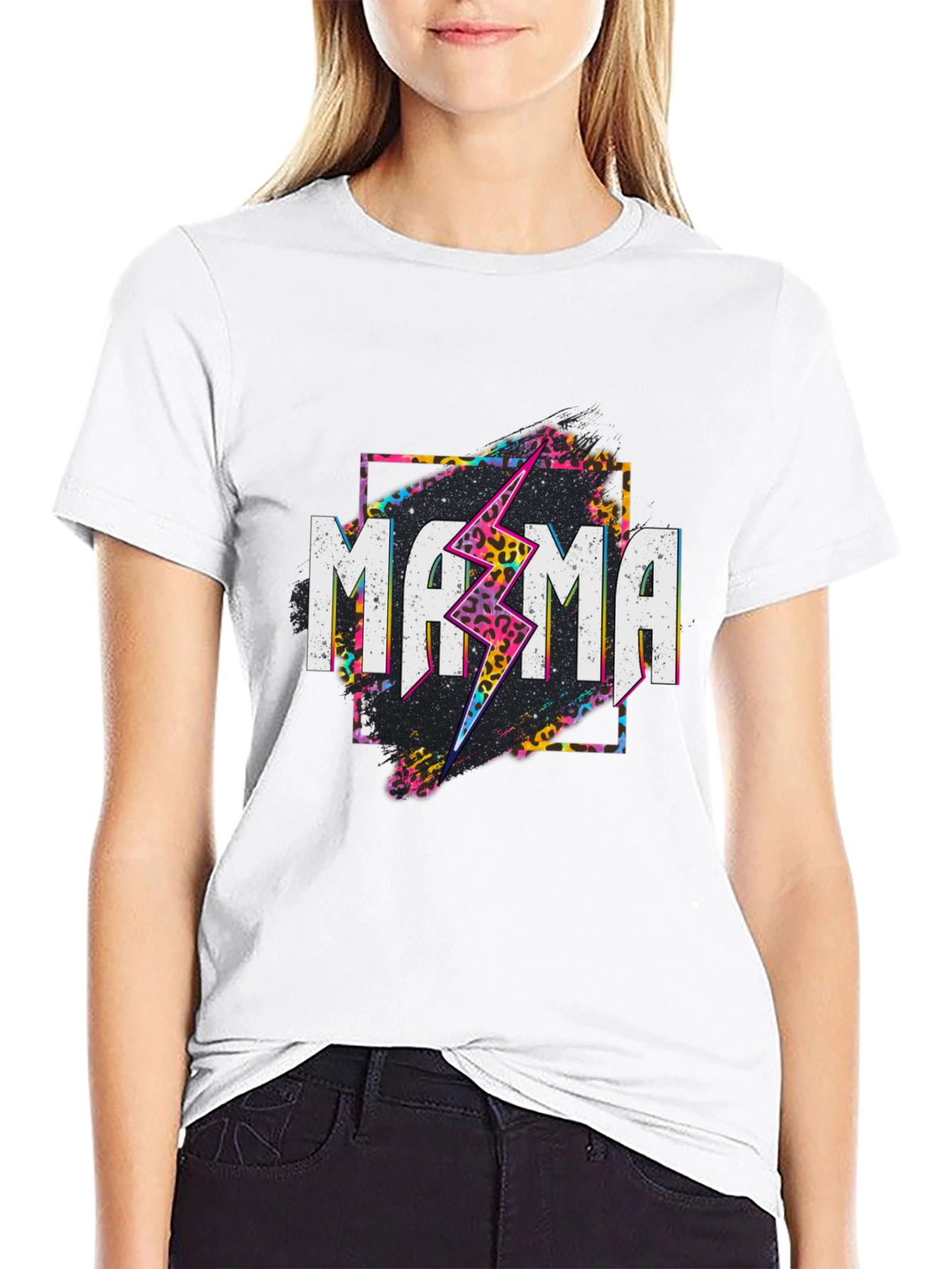 Mama Leopard Lightning Bolt Graphic Tee - Black
