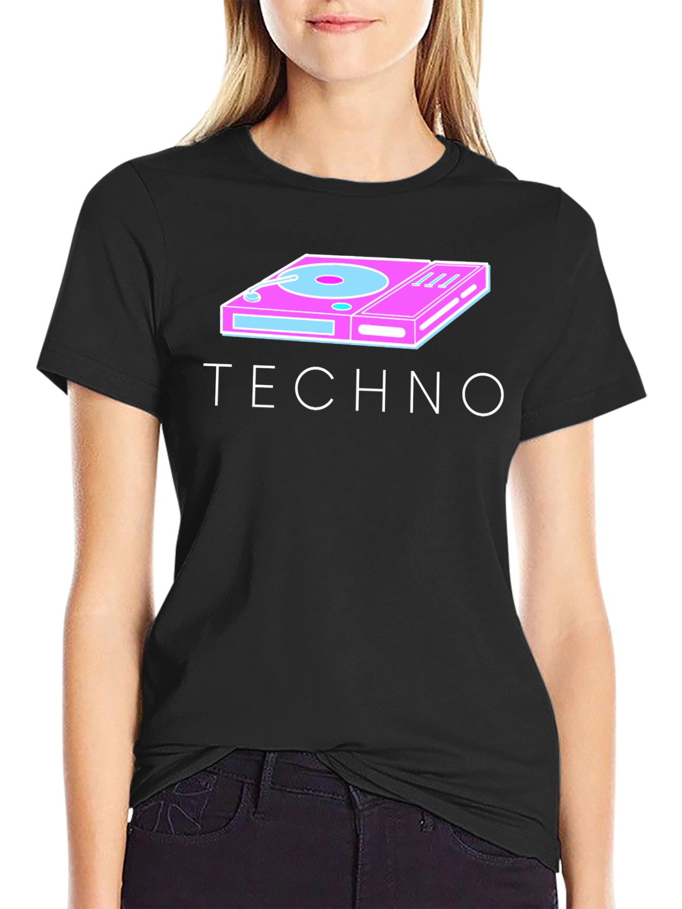 Retro Techno Turntable Graphic Tee - Black Cotton Blend