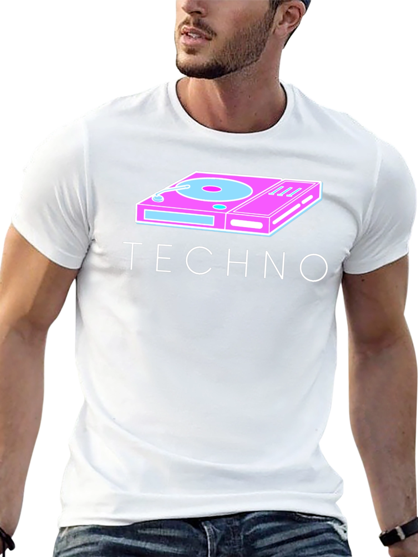 Retro Techno Turntable Graphic Tee - Black Cotton Blend