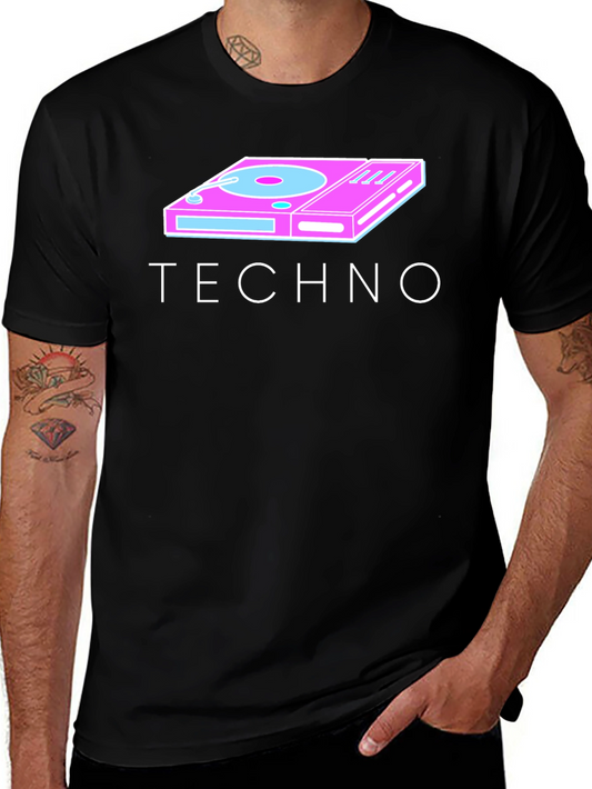 Retro Techno Turntable Graphic Tee - Black Cotton Blend
