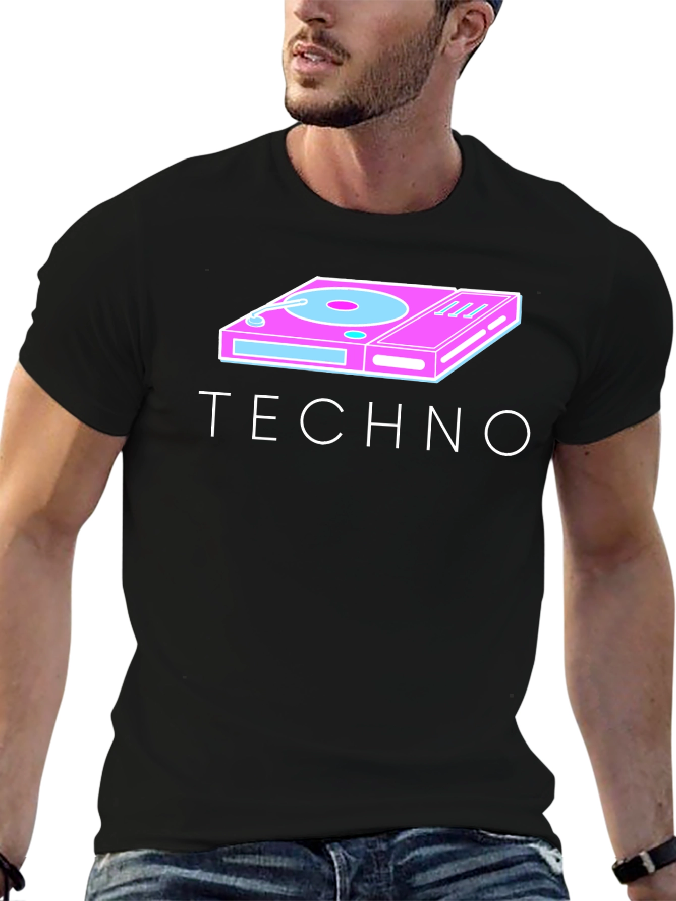 Retro Techno Turntable Graphic Tee - Black Cotton Blend