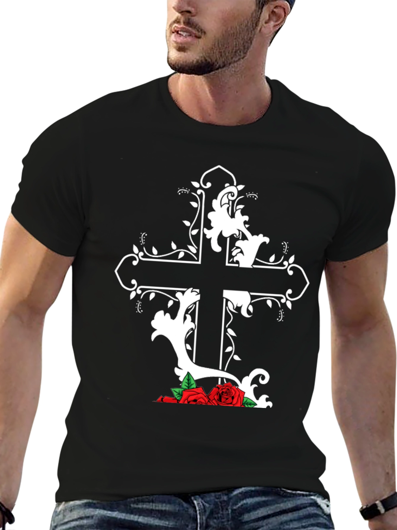 Gothic Cross and Roses Graphic T-Shirt