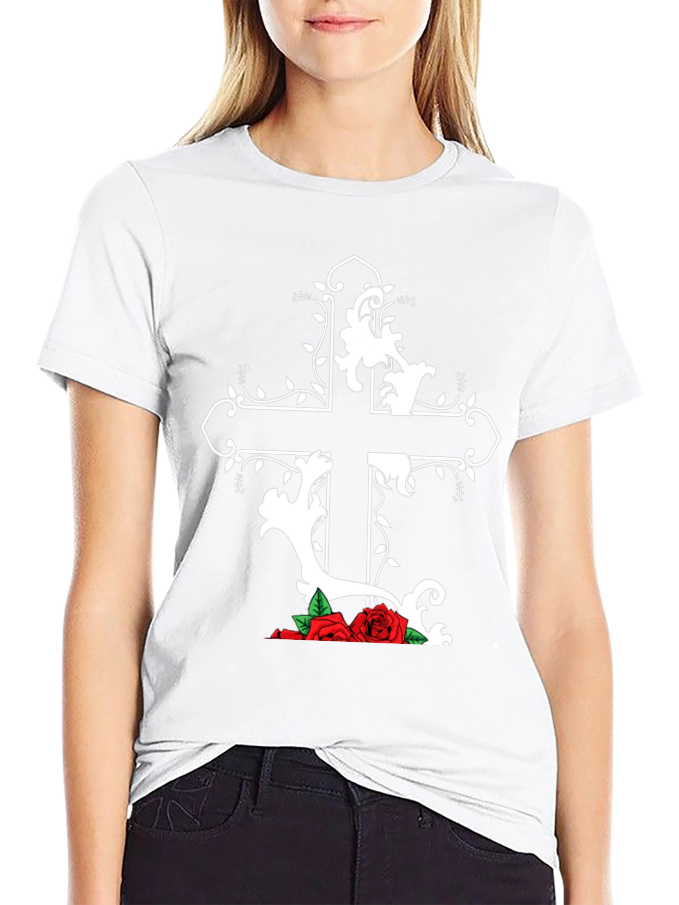 Gothic Cross and Roses Graphic T-Shirt