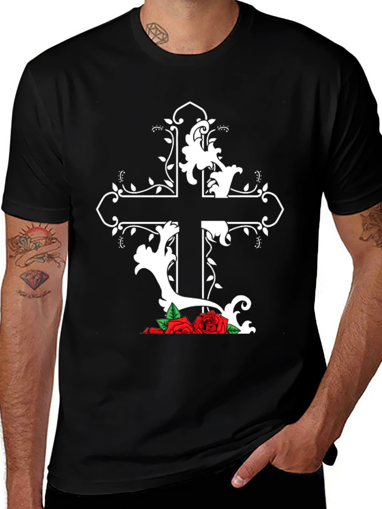 Gothic Cross and Roses Graphic T-Shirt