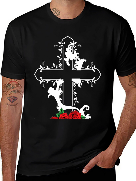 Gothic Cross and Roses Graphic T-Shirt