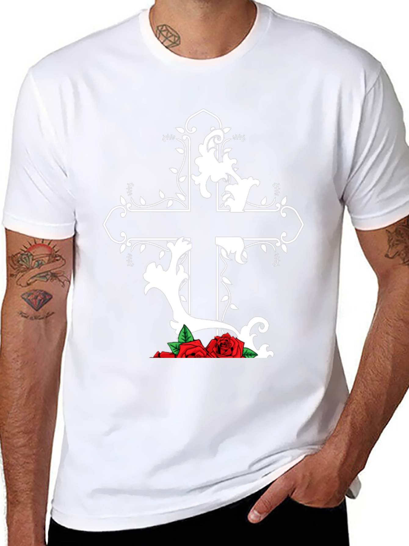 Gothic Cross and Roses Graphic T-Shirt