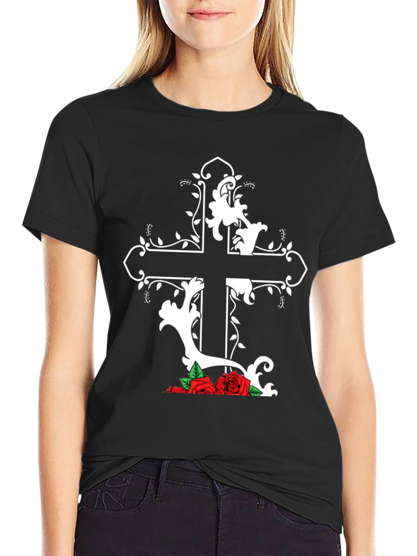 Gothic Cross and Roses Graphic T-Shirt