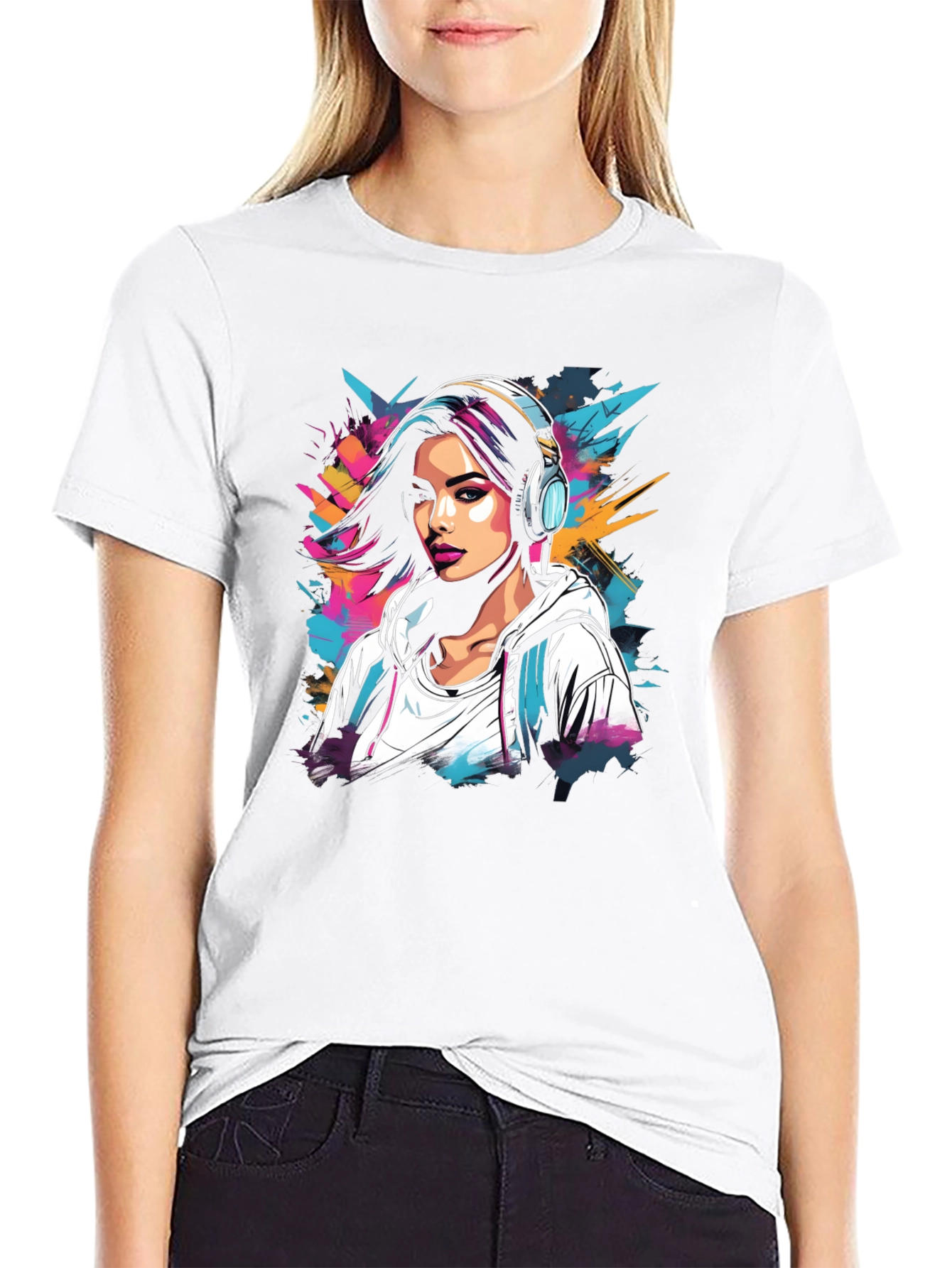 Stylish Black T-Shirt with Girl & Headphones Graphic
