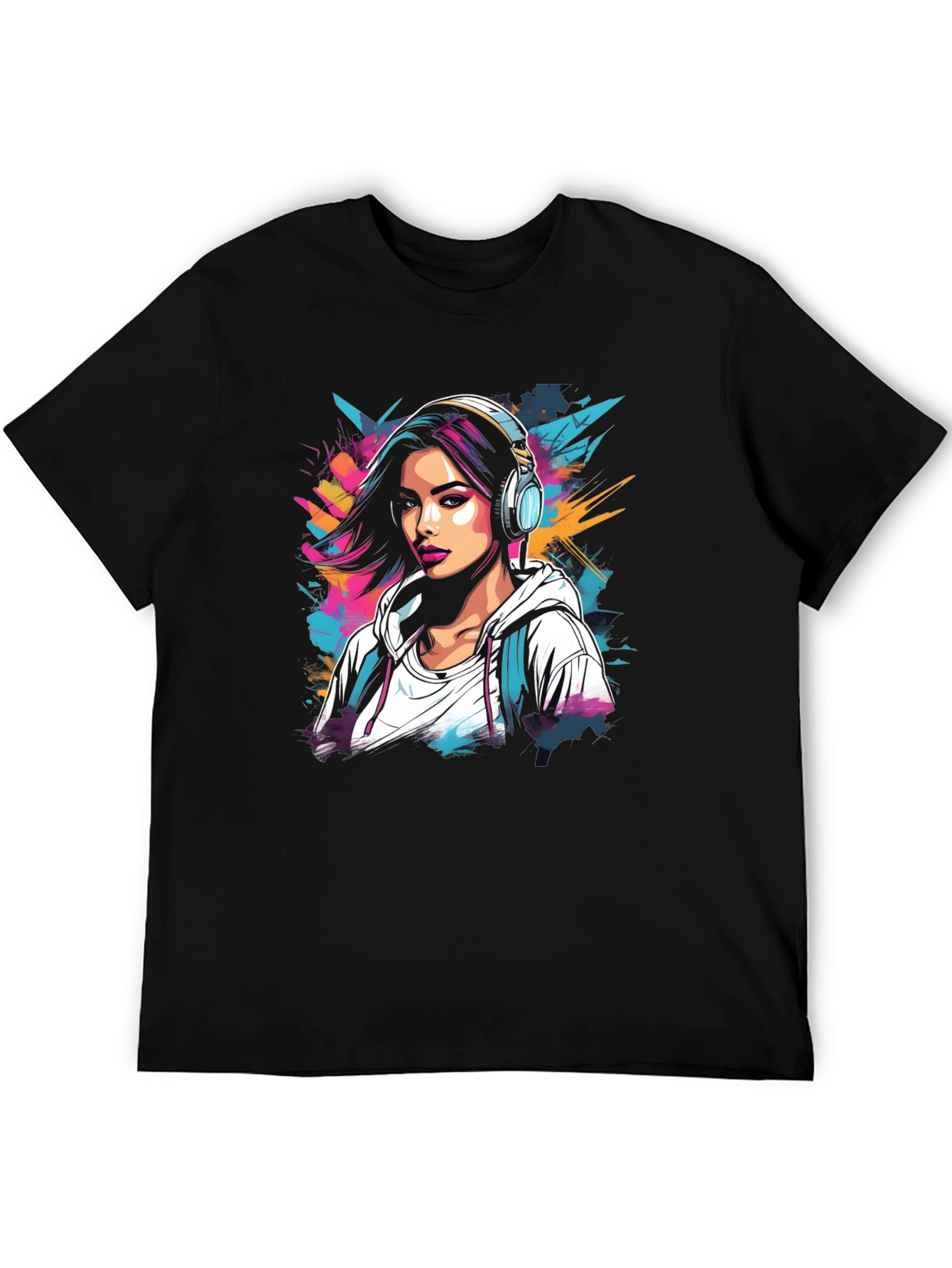 Stylish Black T-Shirt with Girl & Headphones Graphic