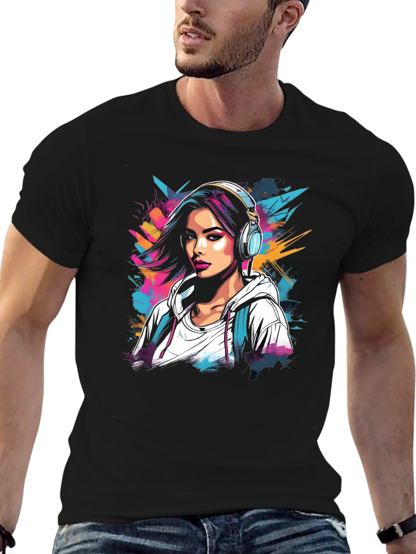 Stylish Black T-Shirt with Girl & Headphones Graphic