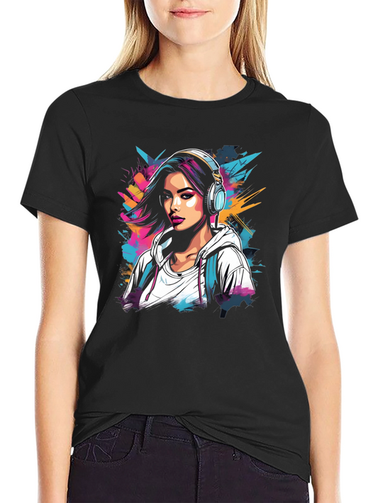 Stylish Black T-Shirt with Girl & Headphones Graphic