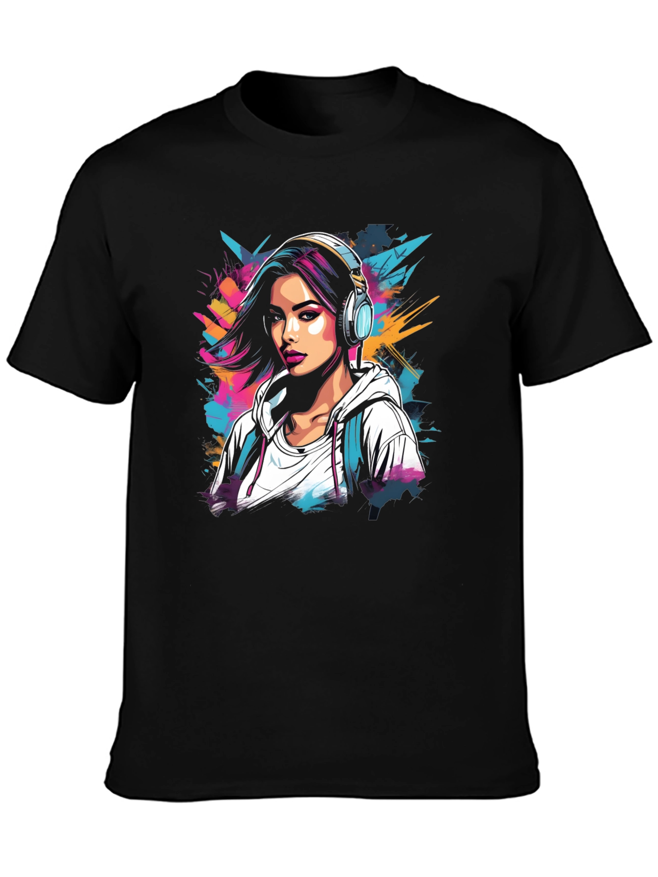 Stylish Black T-Shirt with Girl & Headphones Graphic