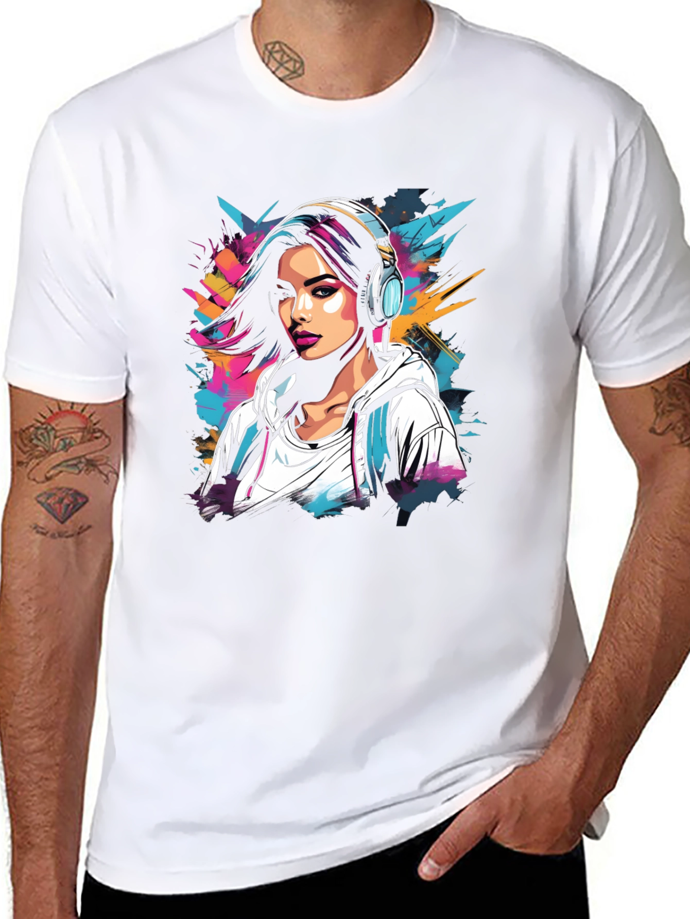 Stylish Black T-Shirt with Girl & Headphones Graphic