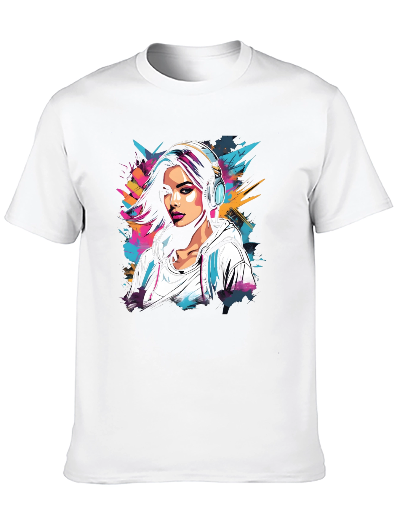 Stylish Black T-Shirt with Girl & Headphones Graphic