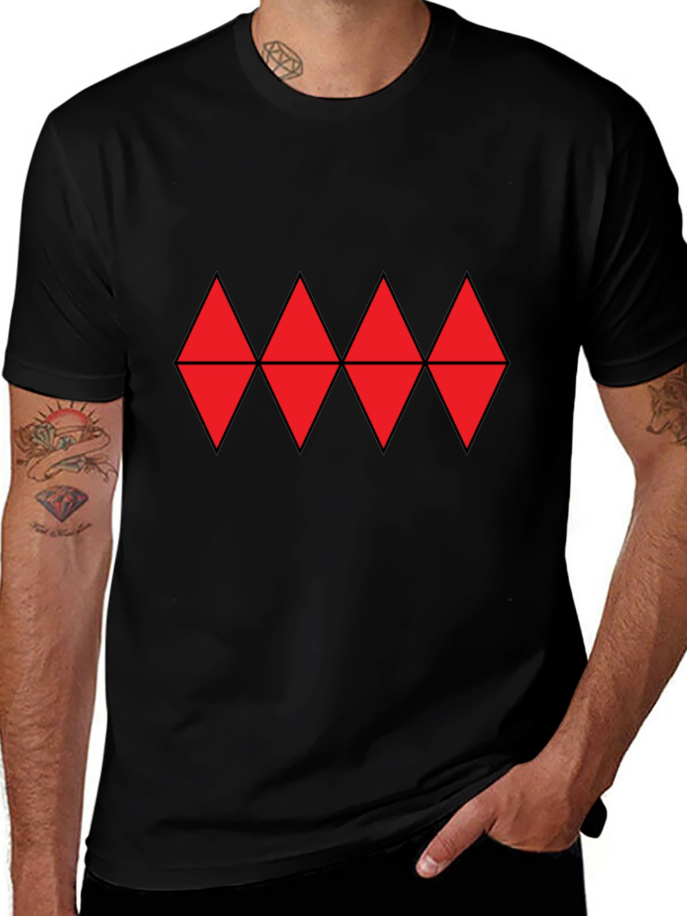 Red Diamond Pattern Black T-Shirt