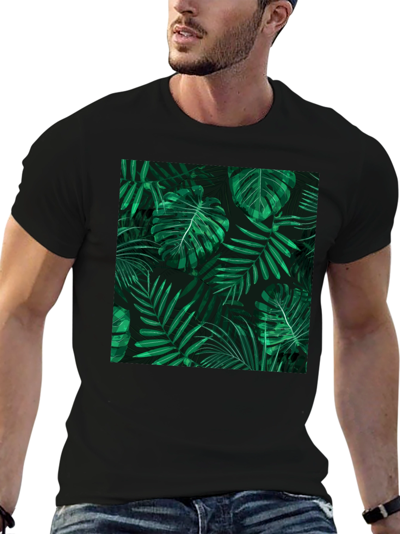 Tropical Leaves Print Black T-Shirt