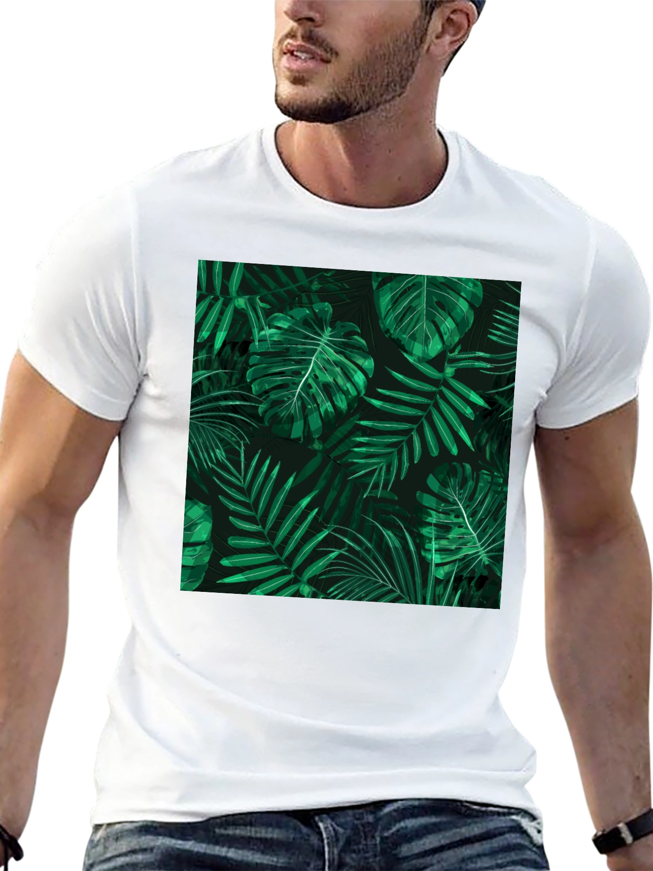 Tropical Leaves Print Black T-Shirt