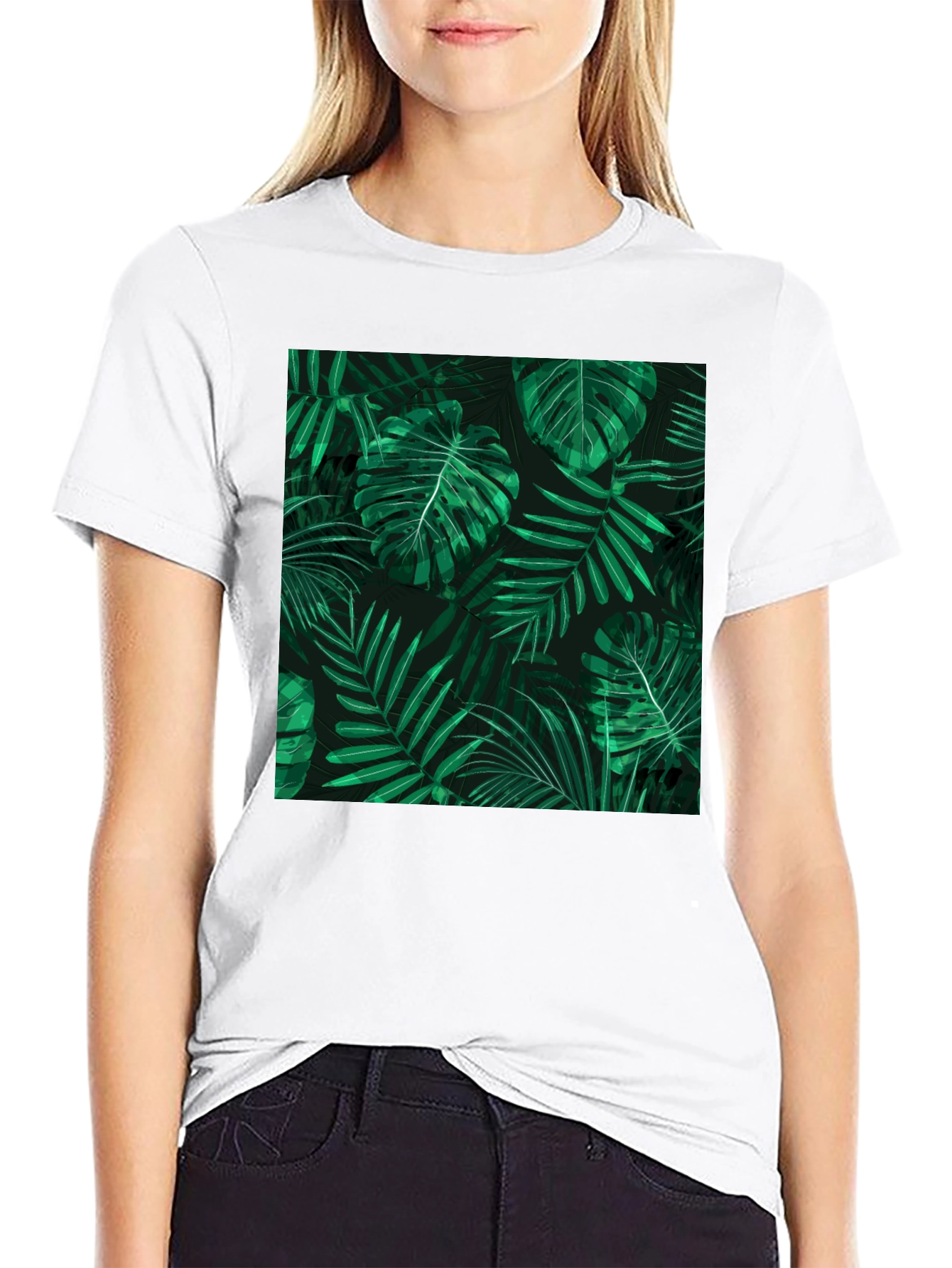 Tropical Leaves Print Black T-Shirt