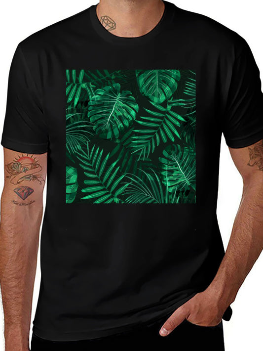 Tropical Leaves Print Black T-Shirt