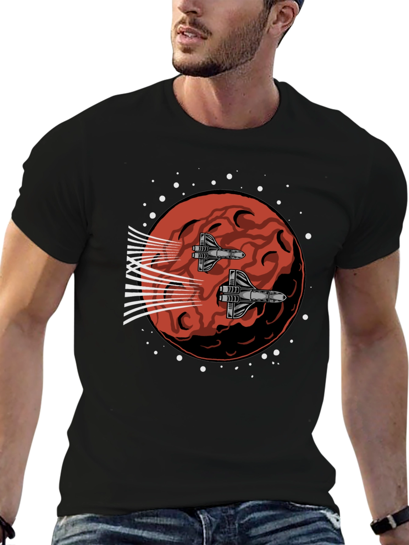 Sci-Fi Spaceship Mars Graphic Tee - Black