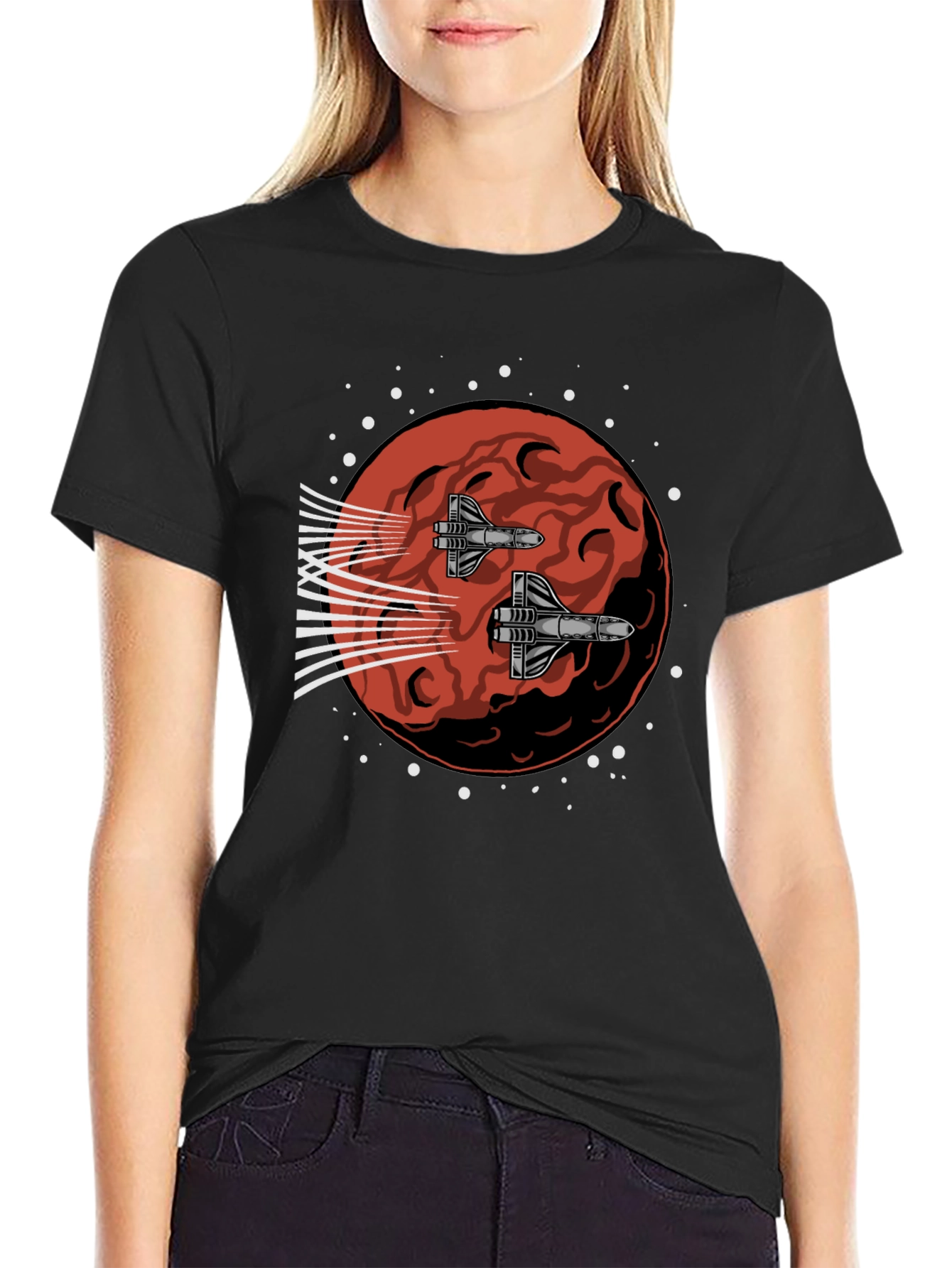 Sci-Fi Spaceship Mars Graphic Tee - Black