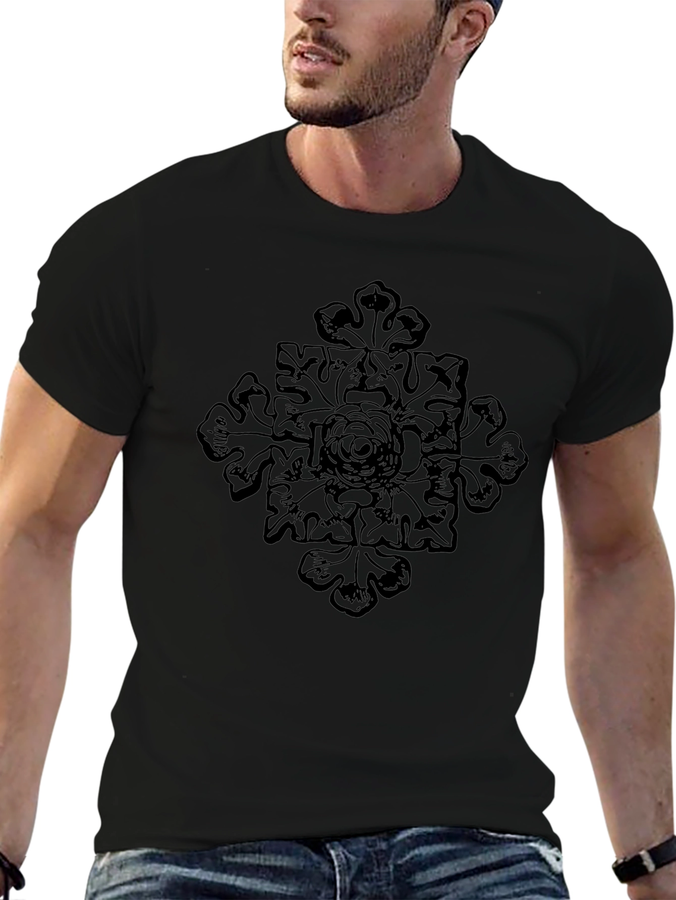 Mens Black Graphic Tee - Floral Cross